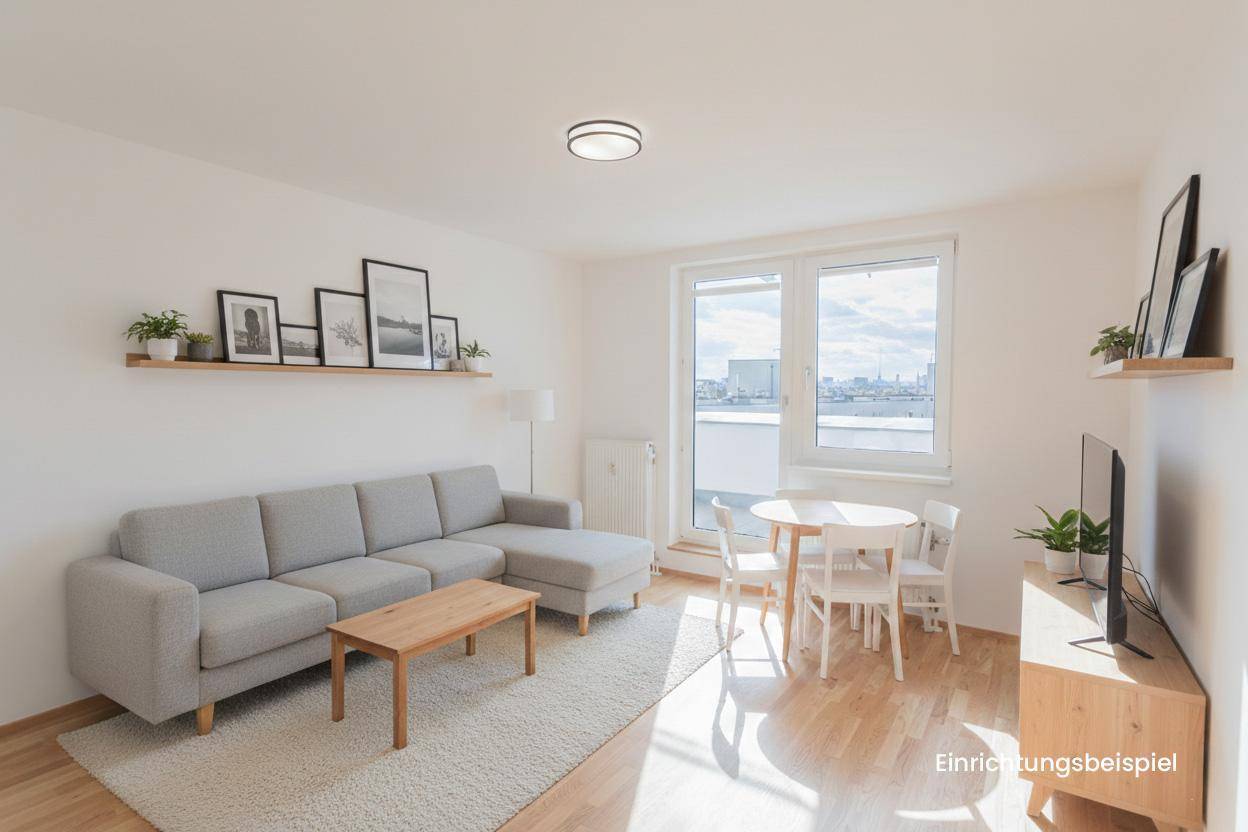 Offener Wohn-Essbereich mit modernem Sofa, Esstisch und Zugang zu einem Balkon.