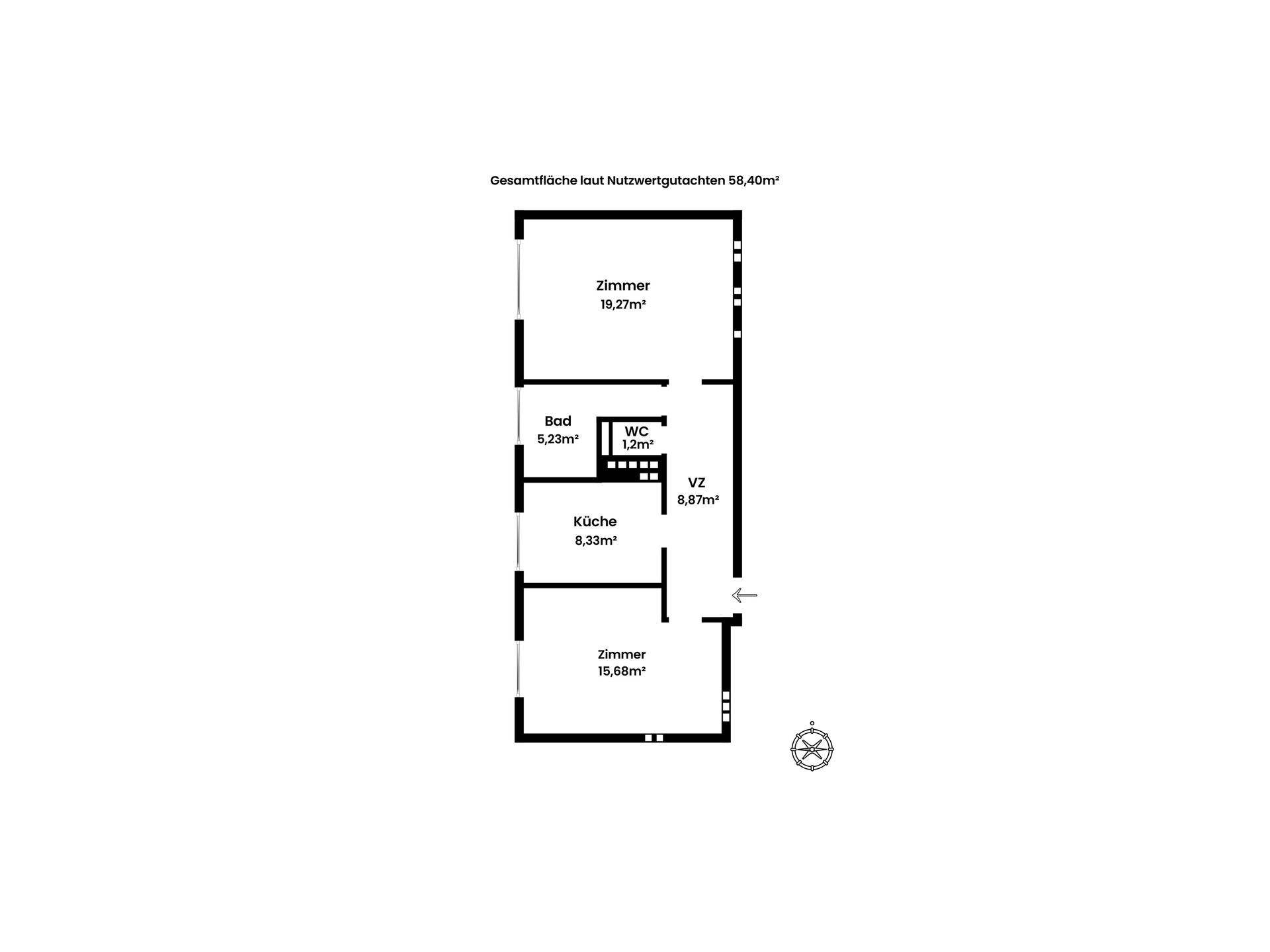 Grundriss der Wohnung mit Zimmern, Bad und WC, inklusive Flächenangaben in m².