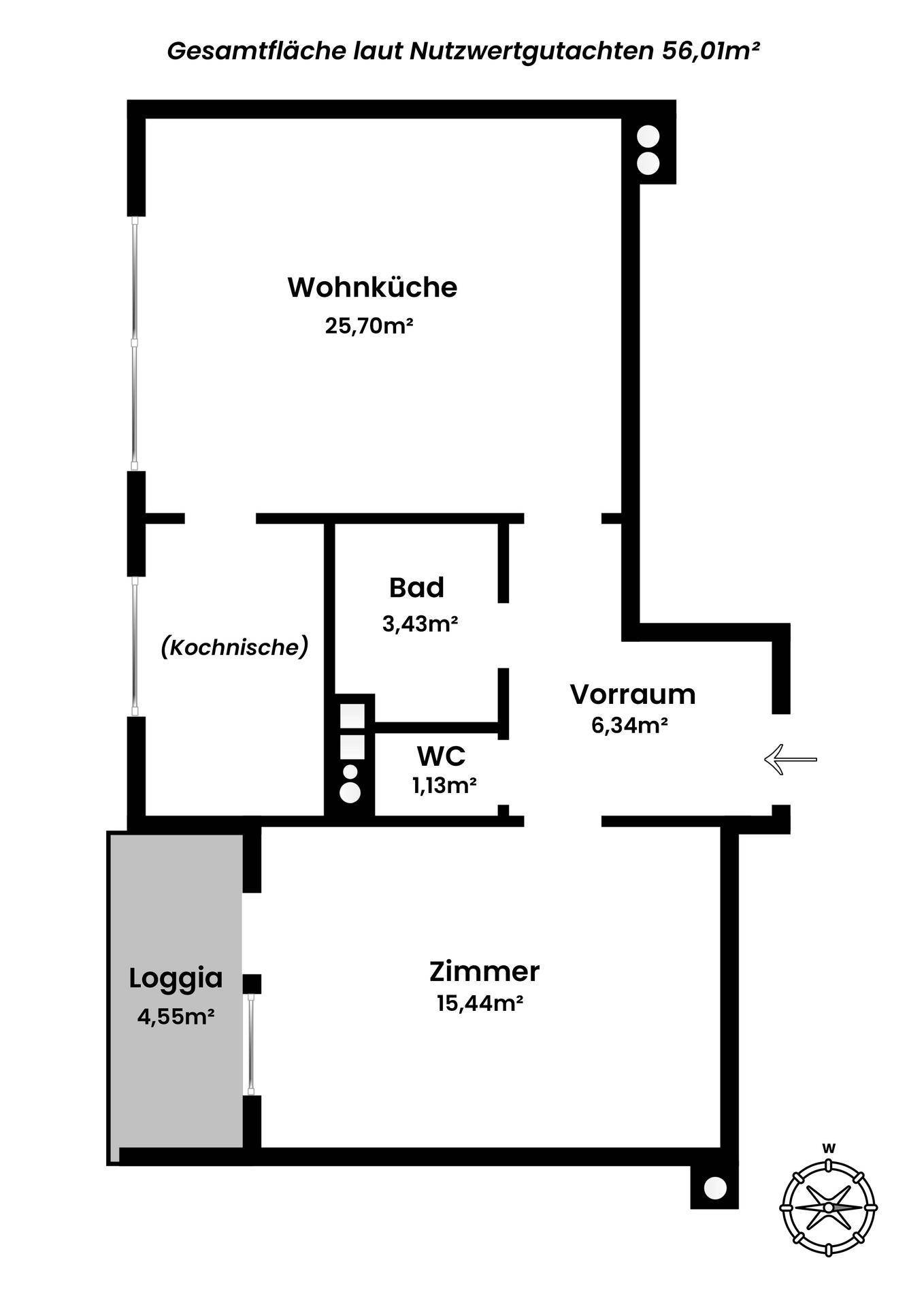 Grundriss der Wohnung mit Wohnküche, Bad, WC, Vorraum, Zimmer und Loggia.