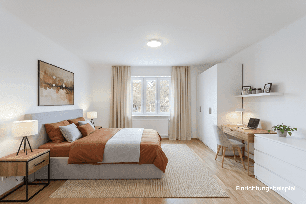 Modernes Schlafzimmer mit Doppelbett, Schreibtisch und Kleiderschrank, hell und funktional.