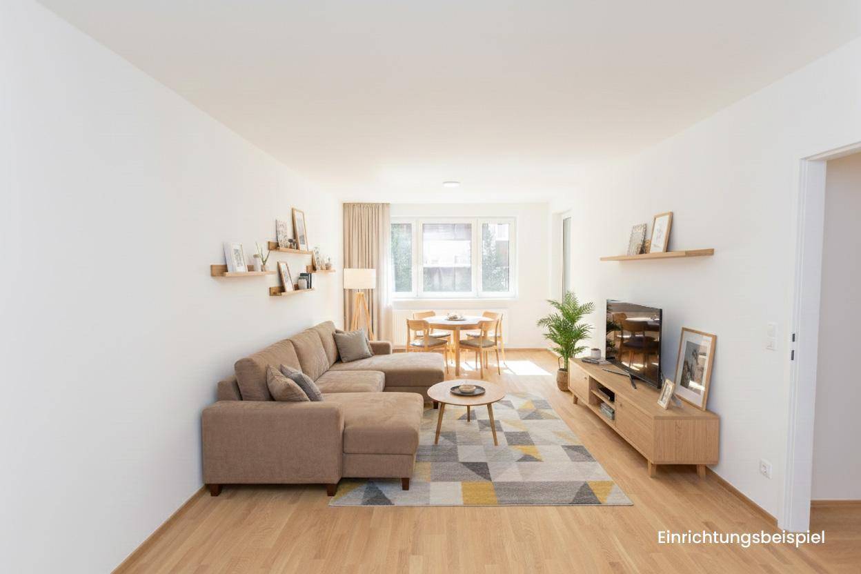 Modern eingerichteter Wohn- und Essbereich mit beigem Sofa, Esstisch und einem Teppich mit geometrischem Muster.
