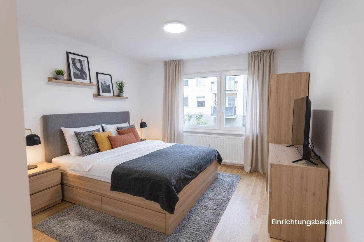 Gemütliches Schlafzimmer mit Doppelbett, Nachttischen und TV-Möbel, als modernes Einrichtungsbeispiel.