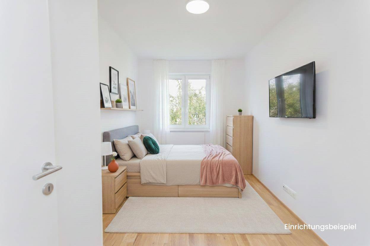 Modern eingerichtetes Schlafzimmer mit Doppelbett, Nachttischen und Fernseher.