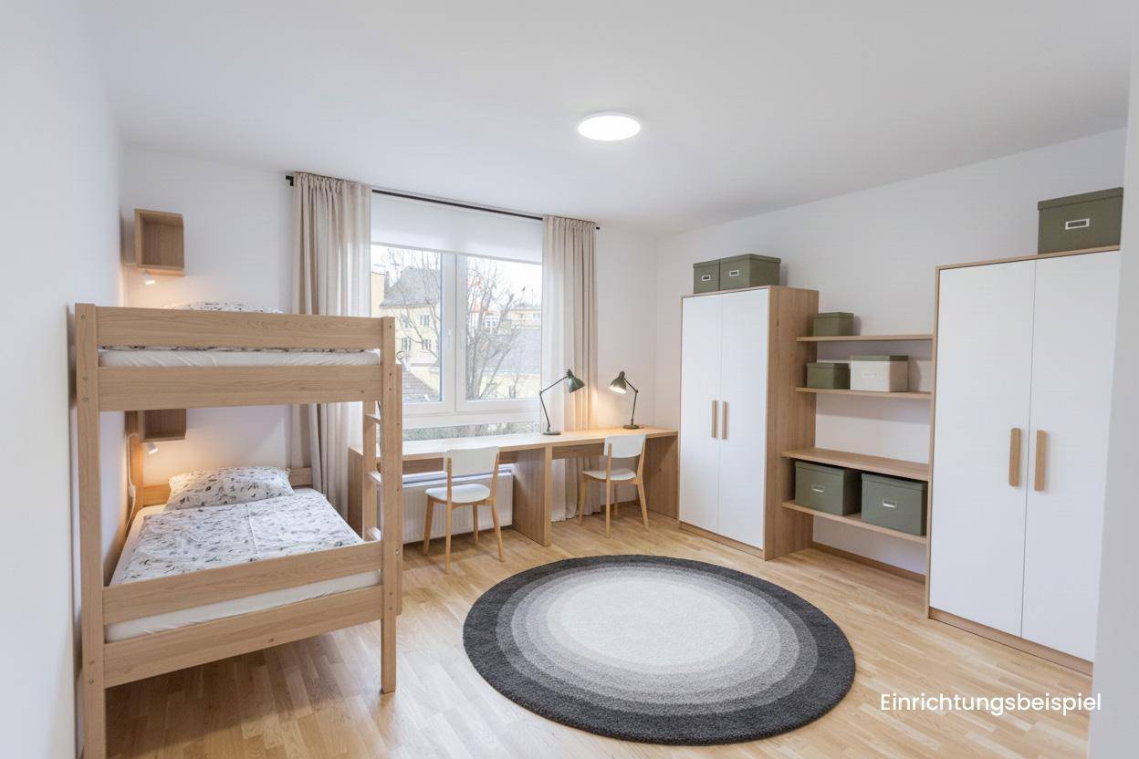 Kinderzimmer mit Etagenbett, Schreibtisch und Kleiderschränken, als Einrichtungsbeispiel.