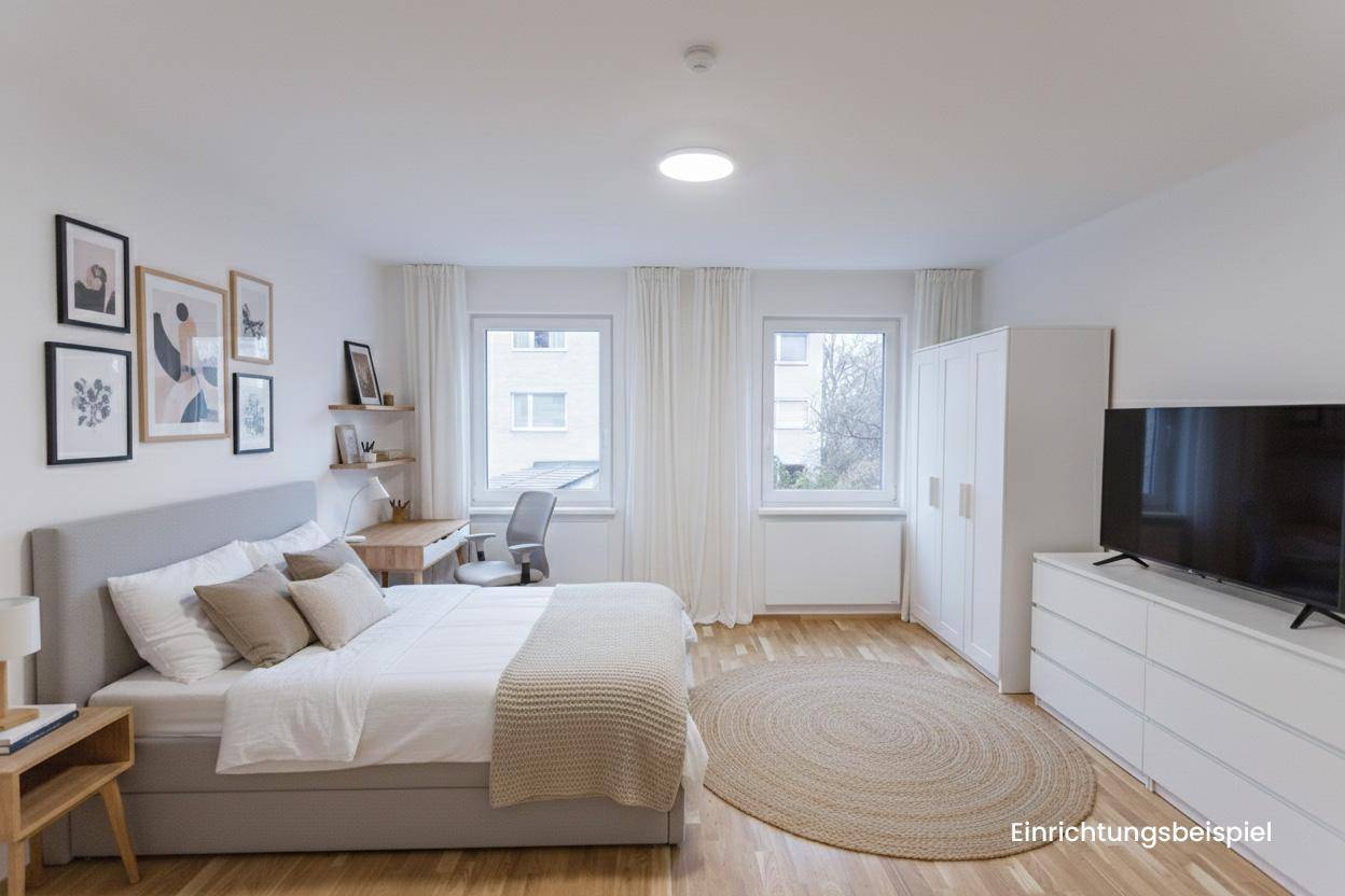Modern eingerichtetes Schlafzimmer mit Holzboden, Doppelbett, Schreibtisch und zwei Fenstern.