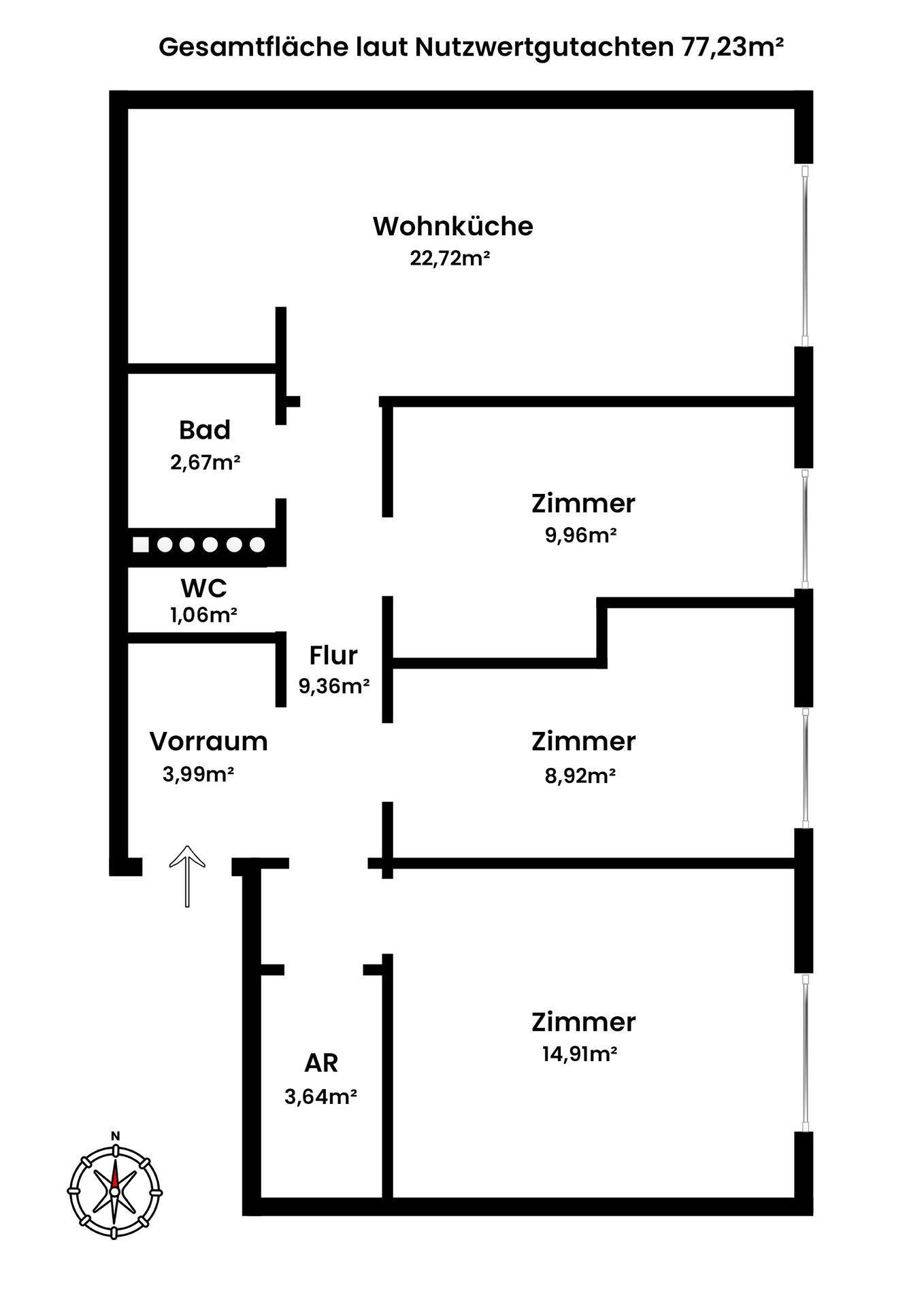 Grundriss der Wohnung mit offener Wohnküche, Bad, WC und drei weiteren Zimmern.