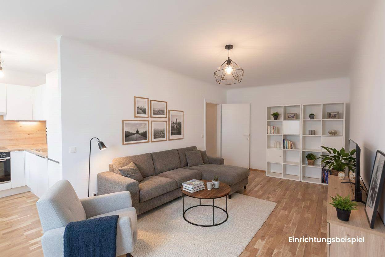 Modern eingerichtetes Wohnzimmer mit Sofa, Couchtisch und Bücherregal, gemütlich und stilvoll.