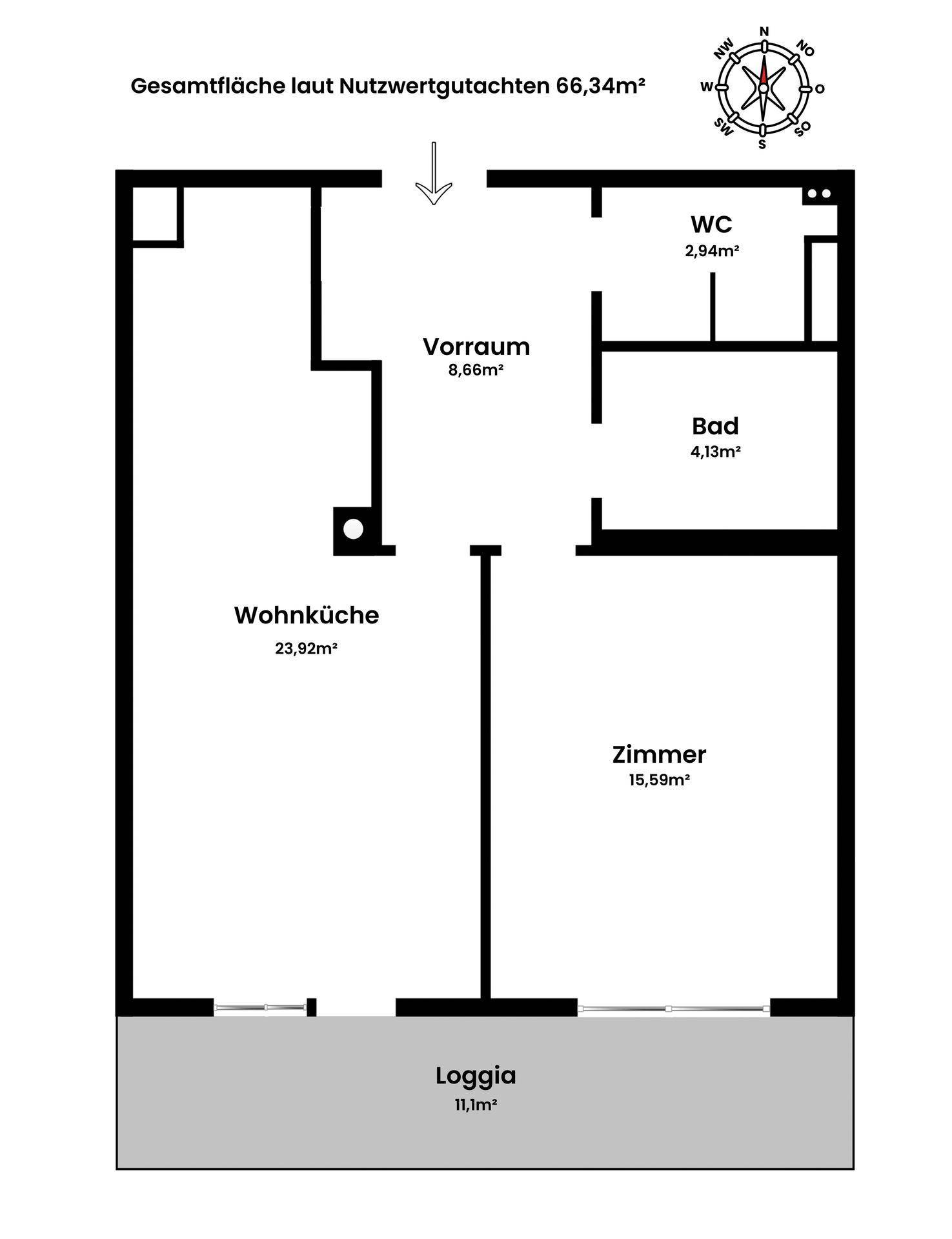 Grundriss einer Wohnung mit offener Wohnküche, separatem Zimmer, Bad, WC und einer Loggia.