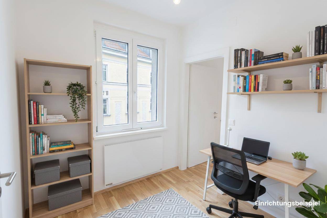 Modern eingerichtetes Arbeitszimmer mit Holzregalen, Schreibtisch und Blick auf die Stadt.