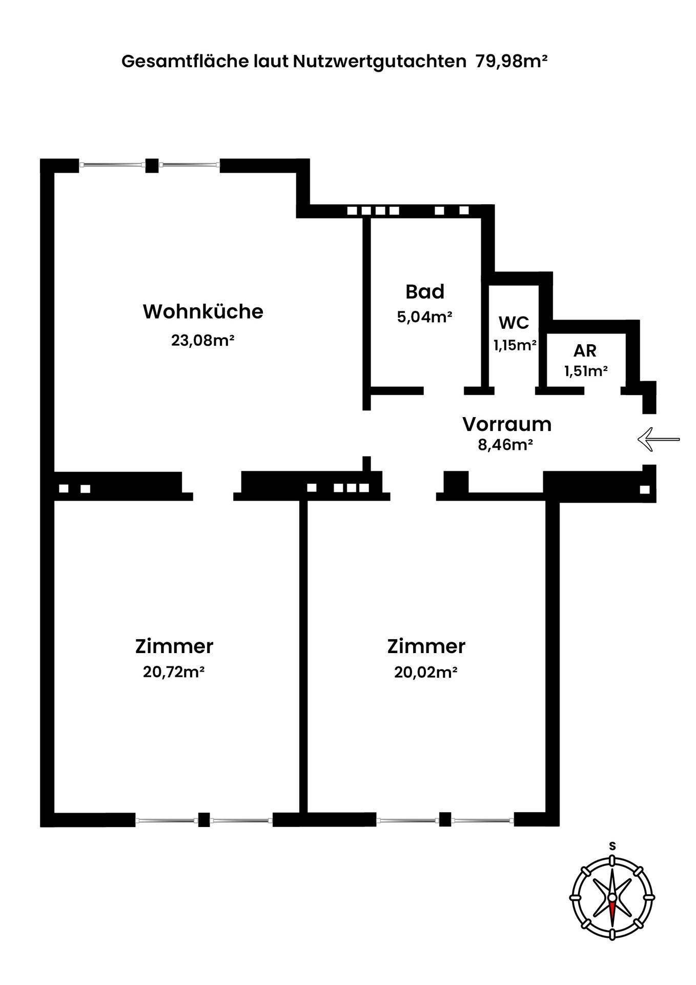 Grundriss der Wohnung mit drei Zimmern, Wohnküche, Bad und WC.