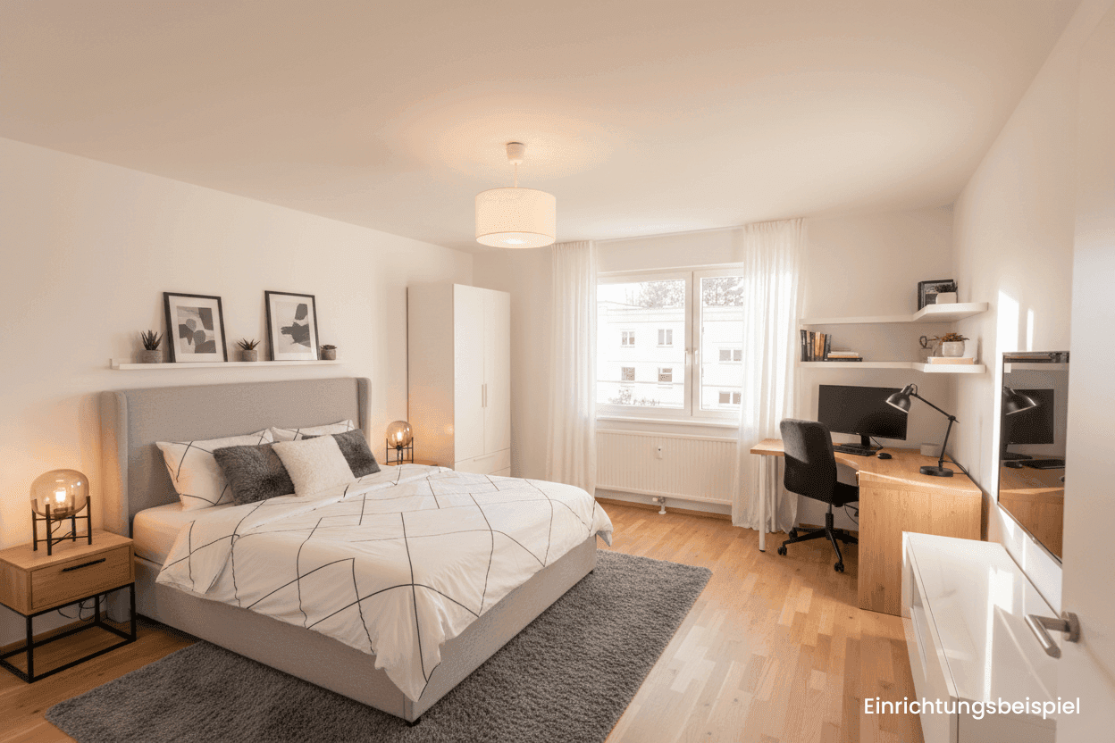 Modern eingerichtetes Schlafzimmer mit hellem Bett, Schreibtisch und Kleiderschrank.