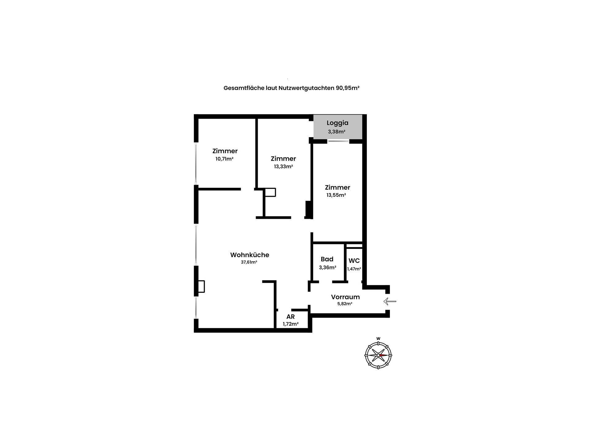 Grundriss der Wohnung mit drei Zimmern, Wohnküche, Bad, WC und Loggia.