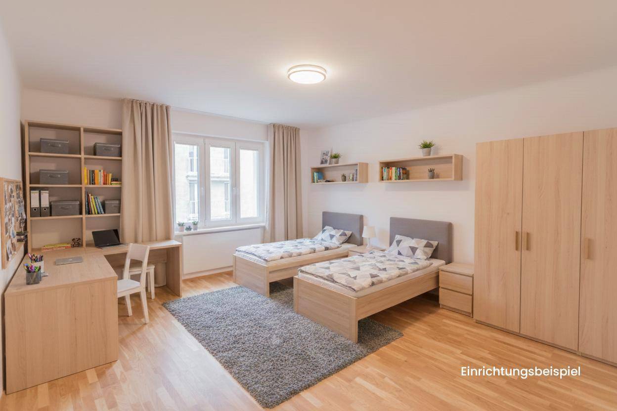Helles Schlafzimmer mit zwei Einzelbetten, Schreibtisch und Kleiderschrank, ideal für Kinder oder Gäste.