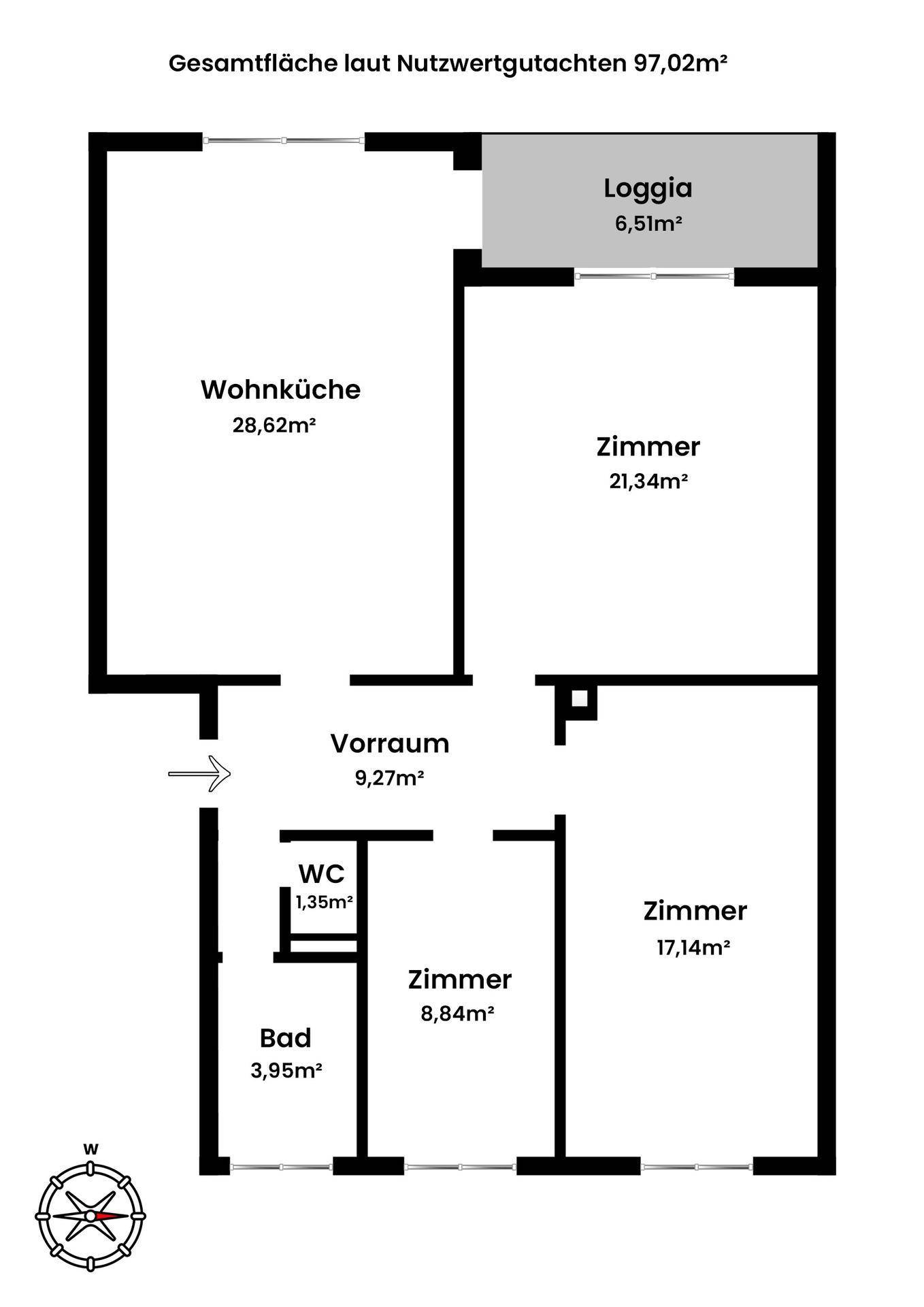 Grundriss einer Wohnung mit Wohnküche, drei Zimmern, Bad, WC und einer Loggia.