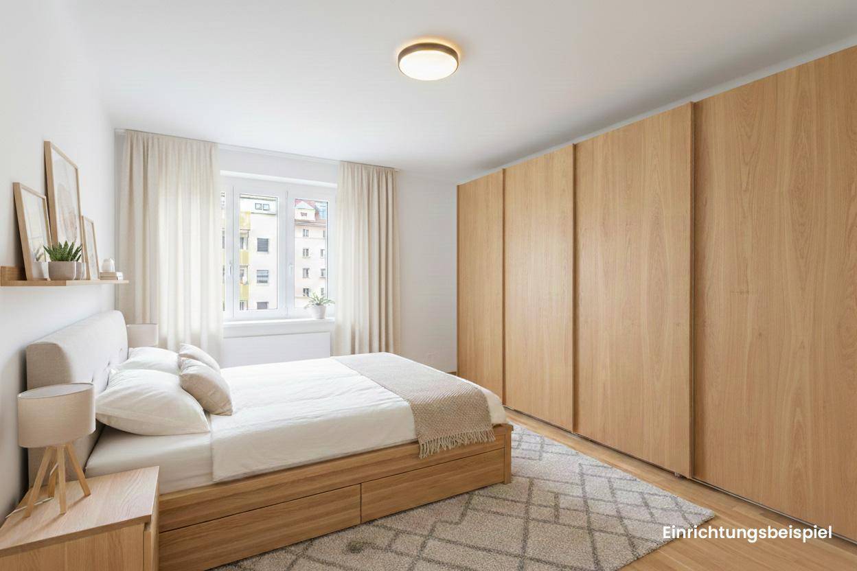 Modernes Schlafzimmer mit Holzbett, Einbauschränken und Teppichboden, als Einrichtungsvorschlag.