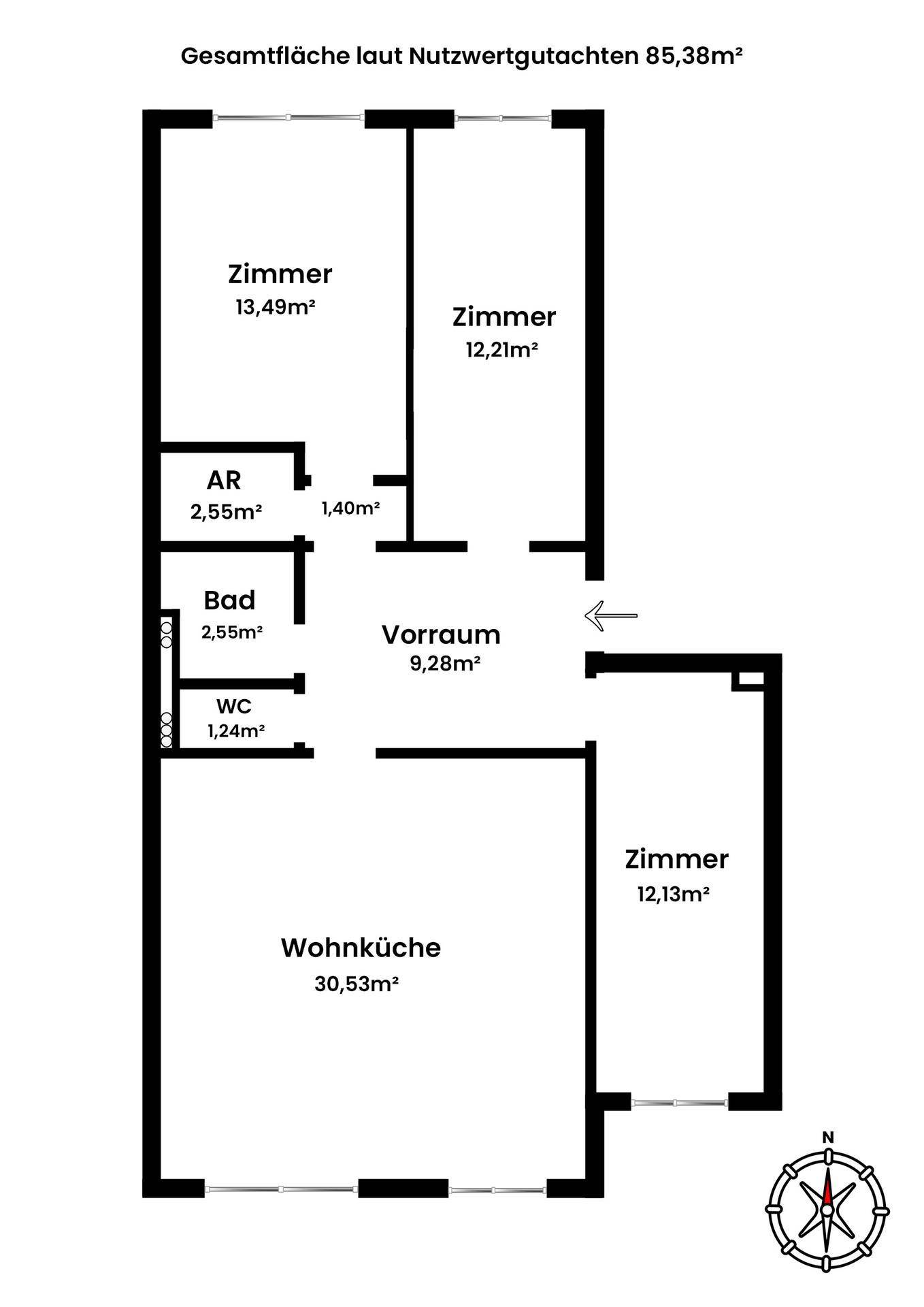 Grundriss der Wohnung mit Wohnküche, drei Zimmern, Bad, WC und Abstellraum, Gesamtfläche 85,38m².