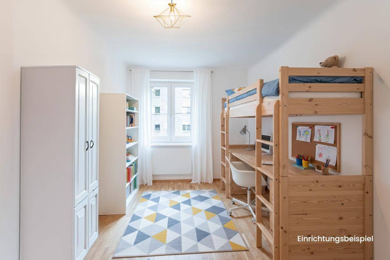 Visualisierung eines Kinderzimmers mit Etagenbett, Schreibtisch und Parkettboden.