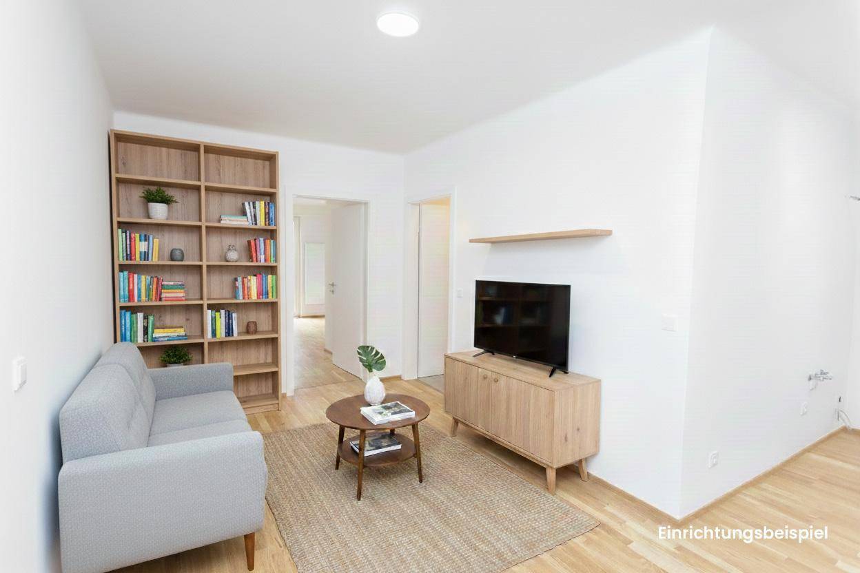 Helles Wohnzimmer mit moderner Einrichtung, Holzboden und Bücherregal, als Einrichtungsbeispiel dargestellt.