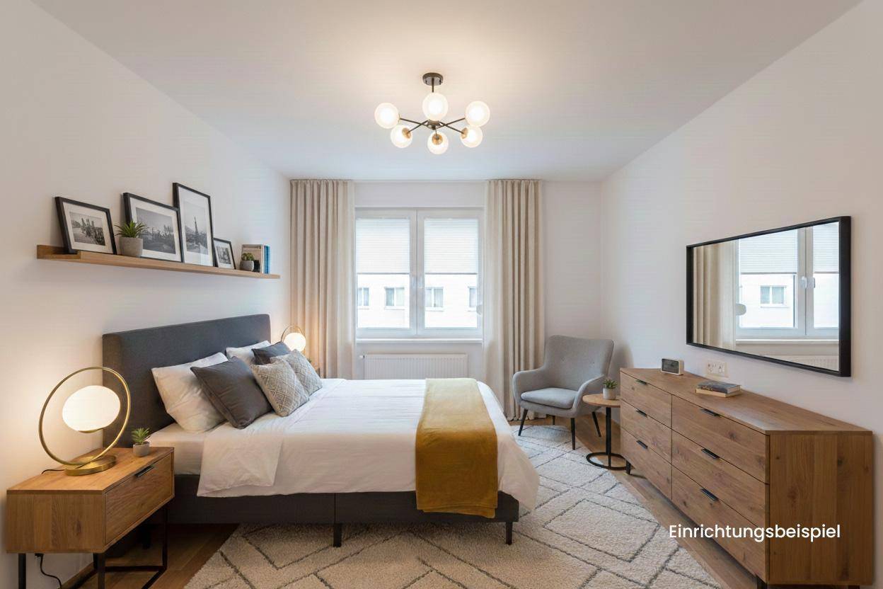 Gemütlich eingerichtetes Schlafzimmer mit Holzboden, großem Fenster und moderner Kommode als Einrichtungsbeispiel.
