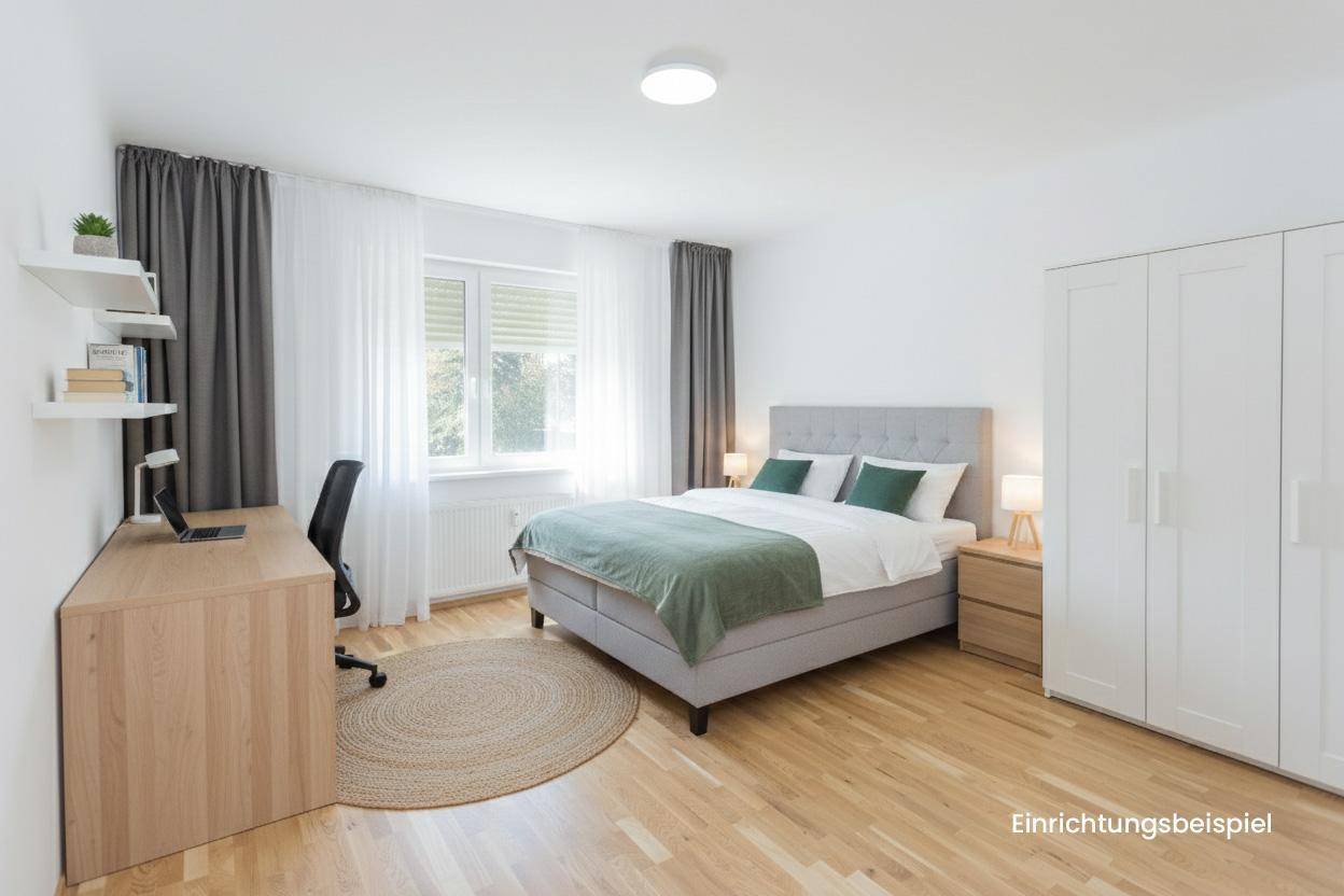 Helles Schlafzimmer mit Doppelbett, Schreibtisch und Kleiderschrank als Einrichtungsbeispiel.