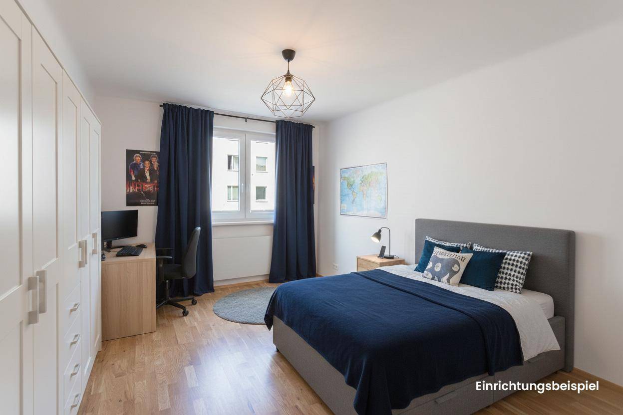 Modernes Schlafzimmer mit Bett, Schreibtisch und Kleiderschrank, Holzboden, funktional eingerichtet.