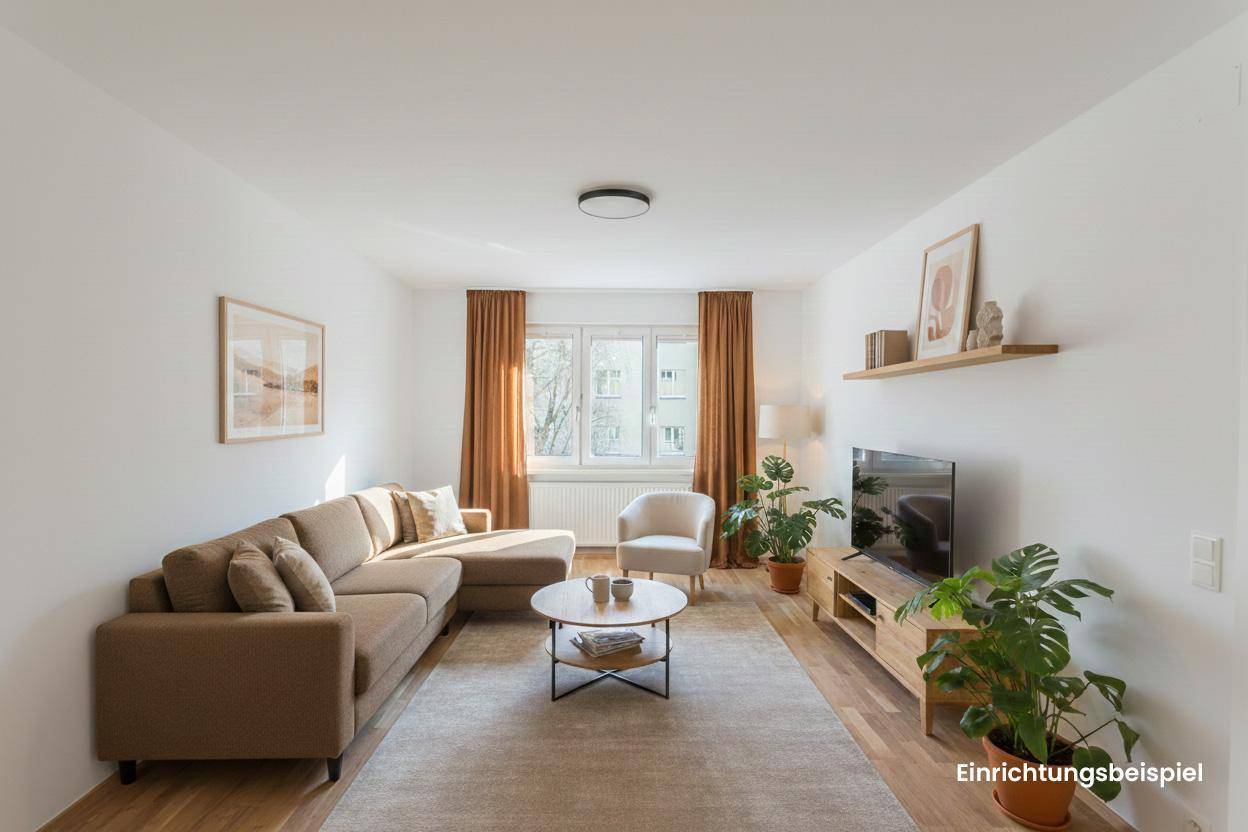 Gemütliches Wohnzimmer mit Sofa, Teppich und Blick auf die Umgebung.