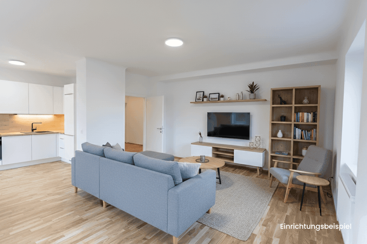 Modern eingerichteter Wohnbereich mit offener Küche, Sofa und TV-Möbeln.