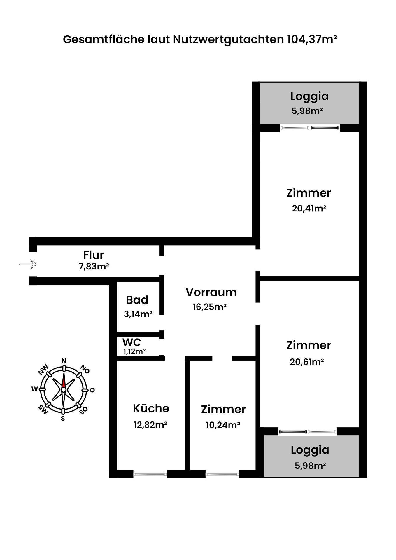 Grundrissplan einer Wohnung mit Loggien, Küche, Bad und separatem WC.