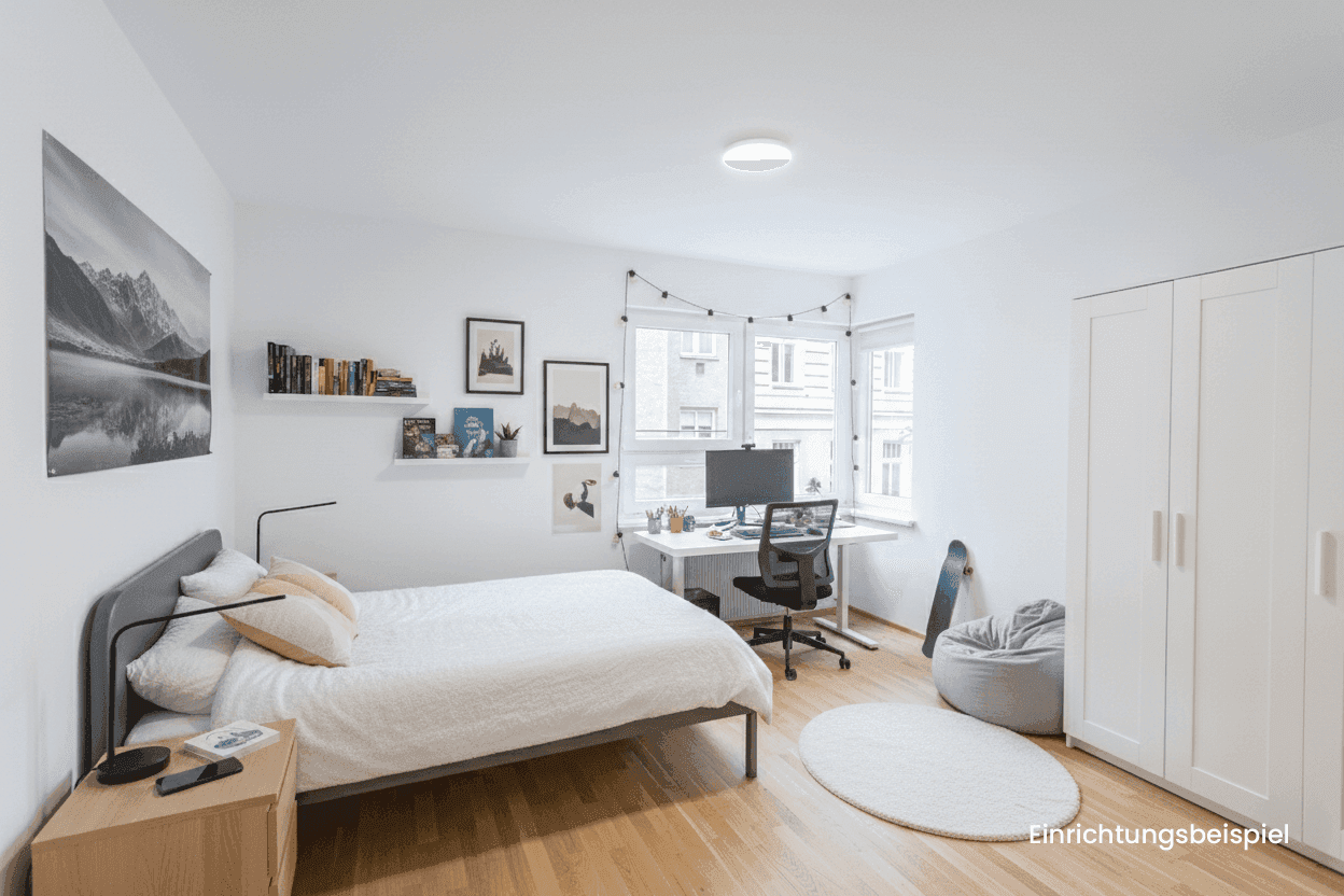 Modern eingerichtetes Schlafzimmer mit Bett, Schreibtisch und Kleiderschrank, als Einrichtungsbeispiel.