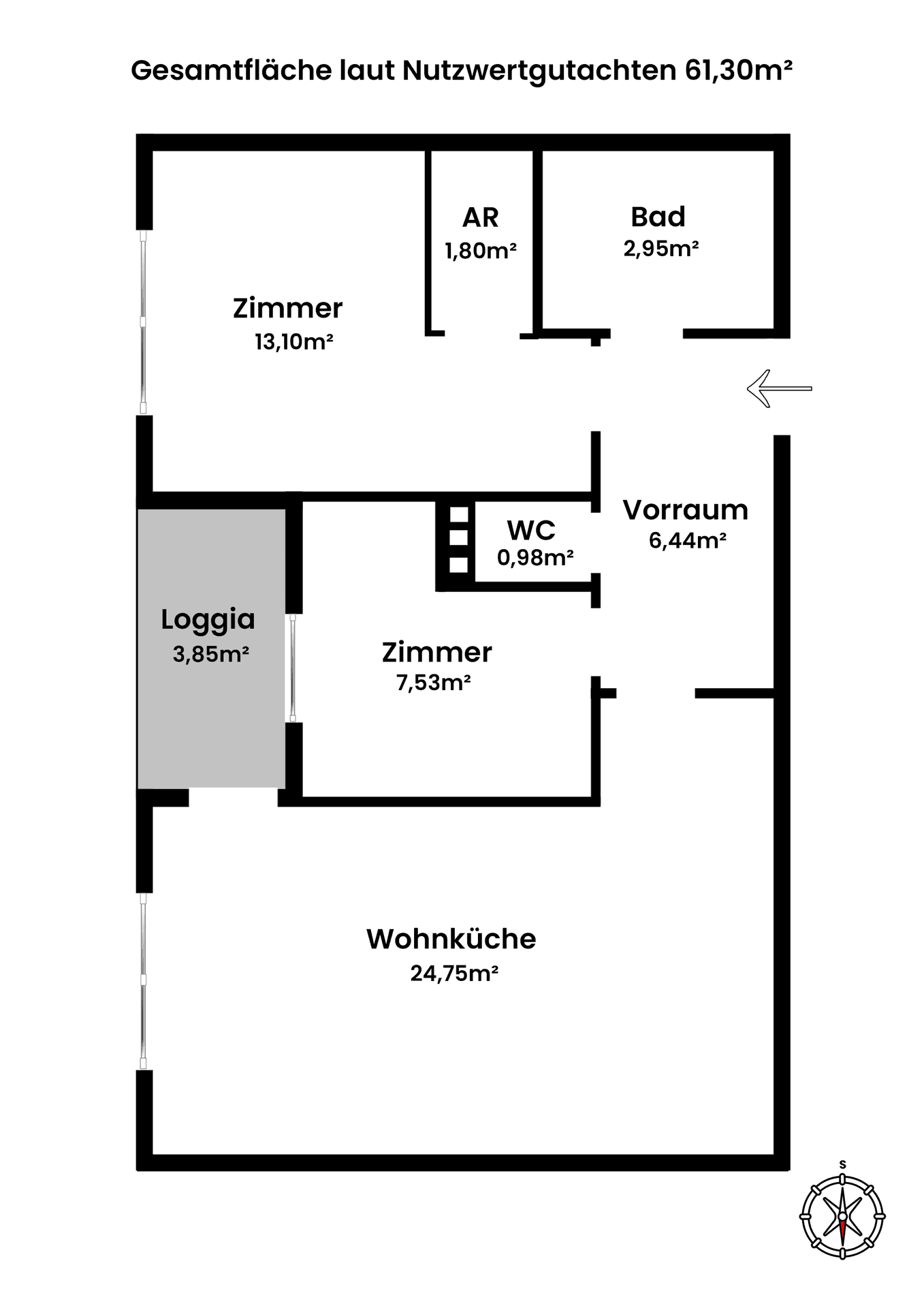 Grundriss einer Wohnung mit Wohnküche, zwei Zimmern, Bad, WC und Loggia.