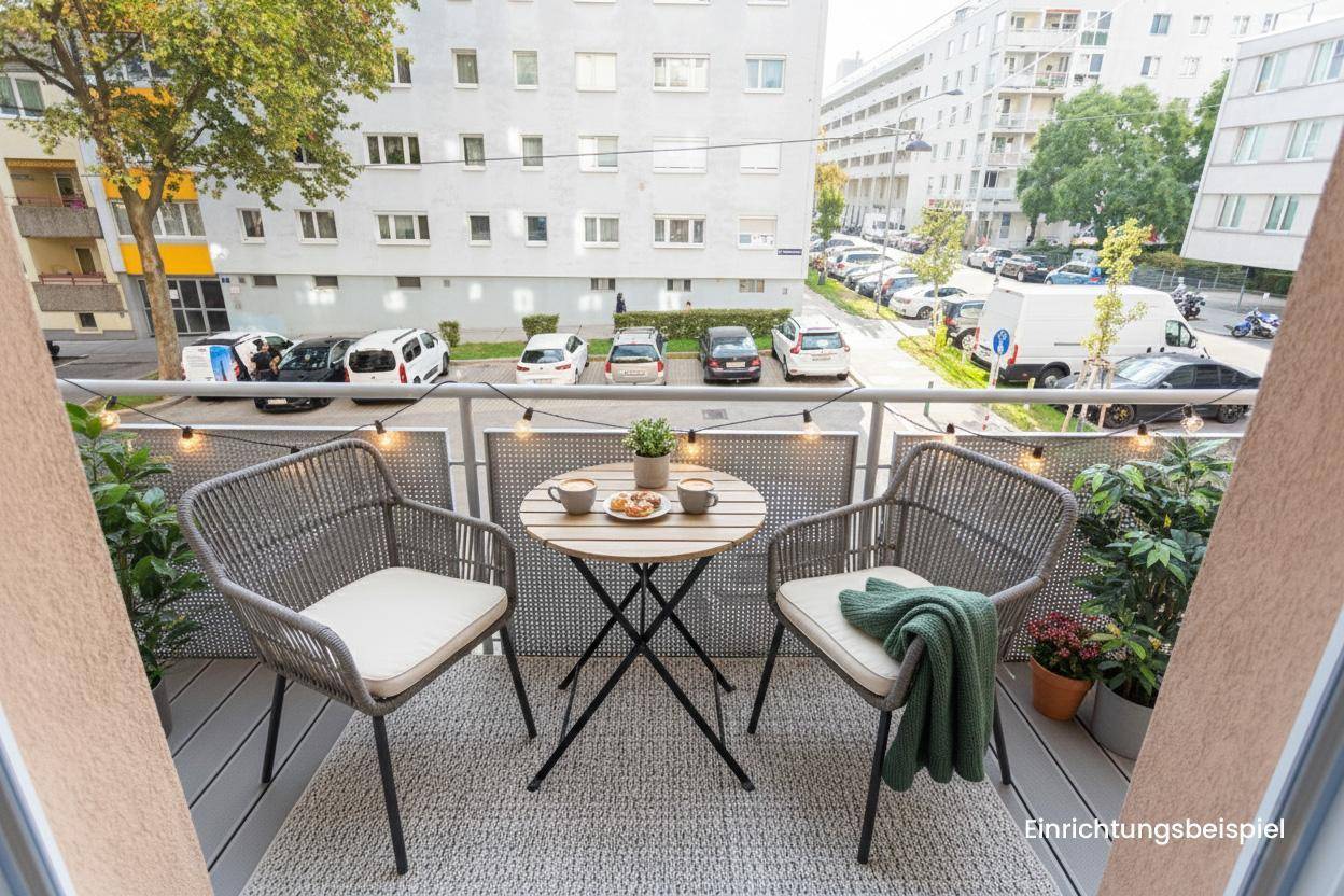 Visualisierung eines möblierten Balkons mit Sitzgelegenheiten und Lichterkette.