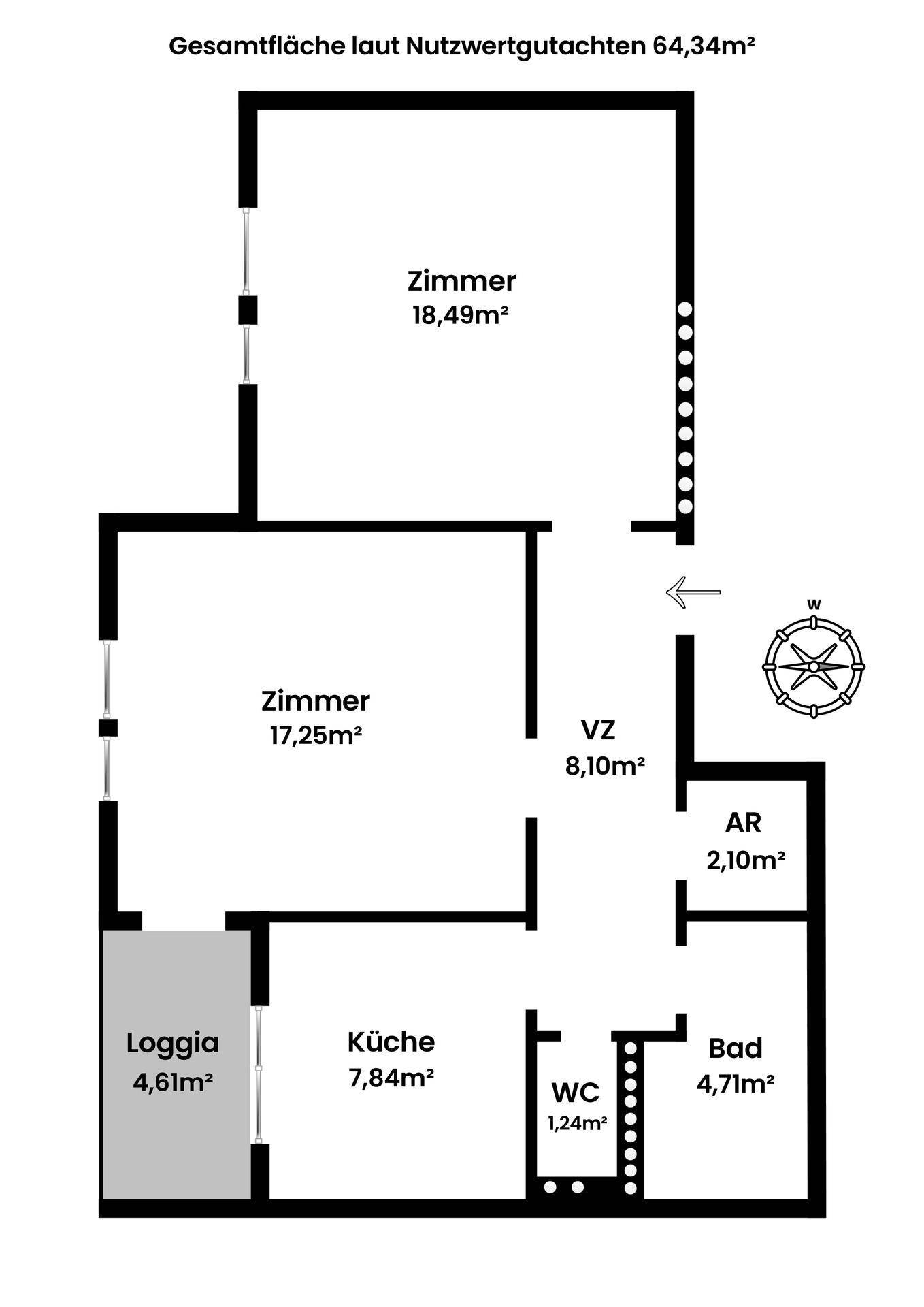 Grundriss einer Wohnung mit Loggia, Küche, Bad, WC und zwei Zimmern.