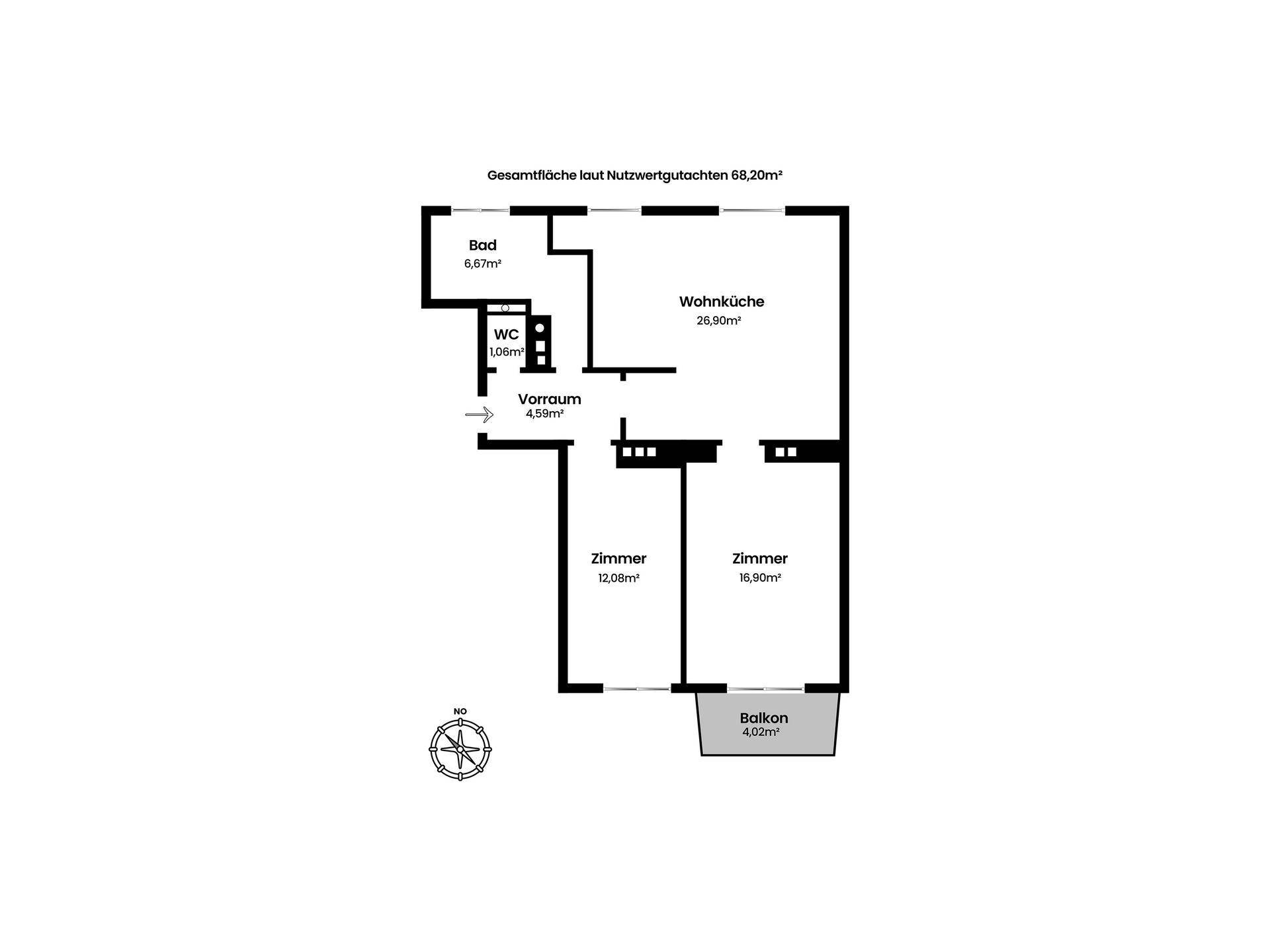 Grundriss der Wohnung mit Wohnküche, zwei Zimmern, Bad, WC und Balkon.