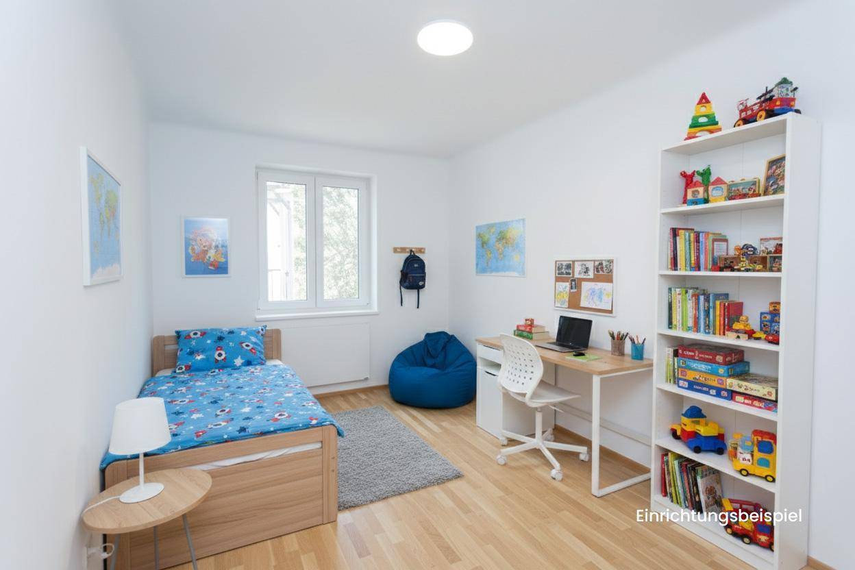 Kinderzimmer als Einrichtungsbeispiel mit Bett, Schreibtisch, Bücherregal und Parkettboden.
