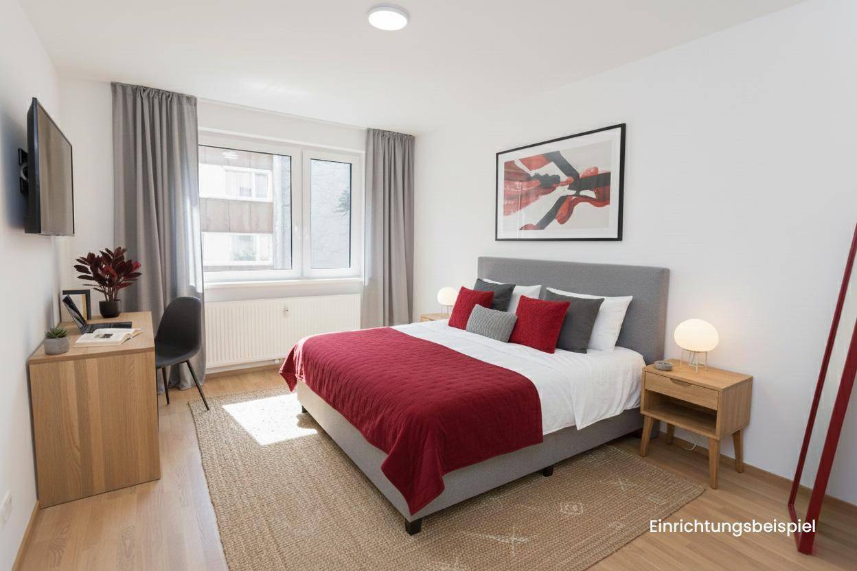 Modern eingerichtetes Schlafzimmer mit Doppelbett, Schreibtisch und hellem Parkettboden, als Einrichtungsbeispiel.