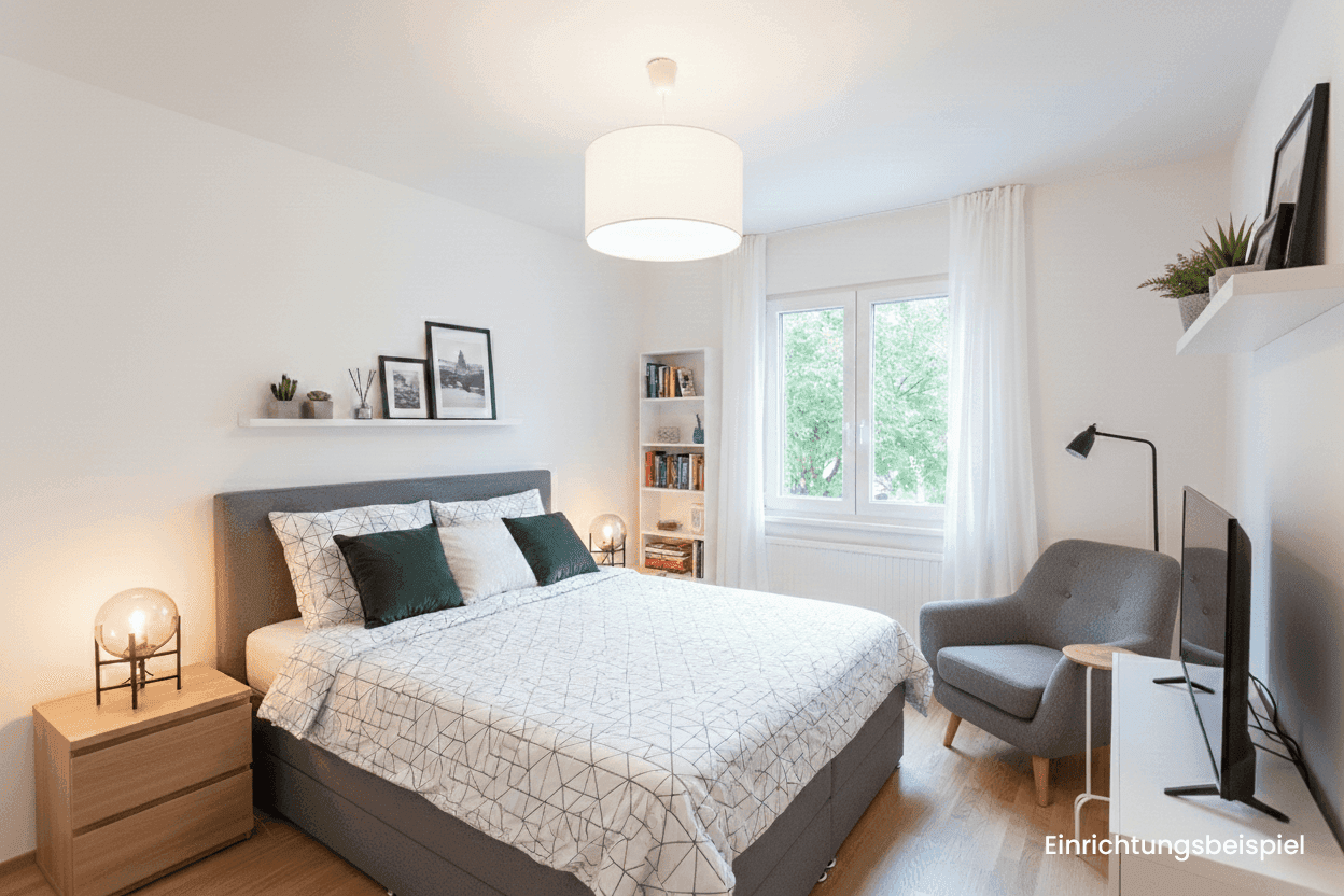Helles Schlafzimmer mit Holzboden, großem Fenster und moderner Einrichtung, als Einrichtungsbeispiel.