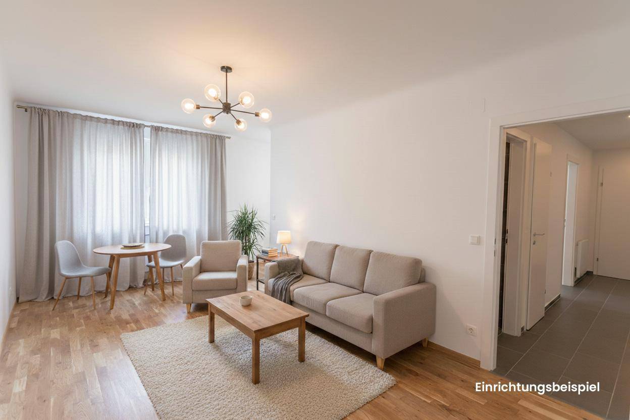 Gemütlicher Wohn- und Essbereich mit hellem Sofa, Esstisch und Parkettboden, einladend gestaltet.