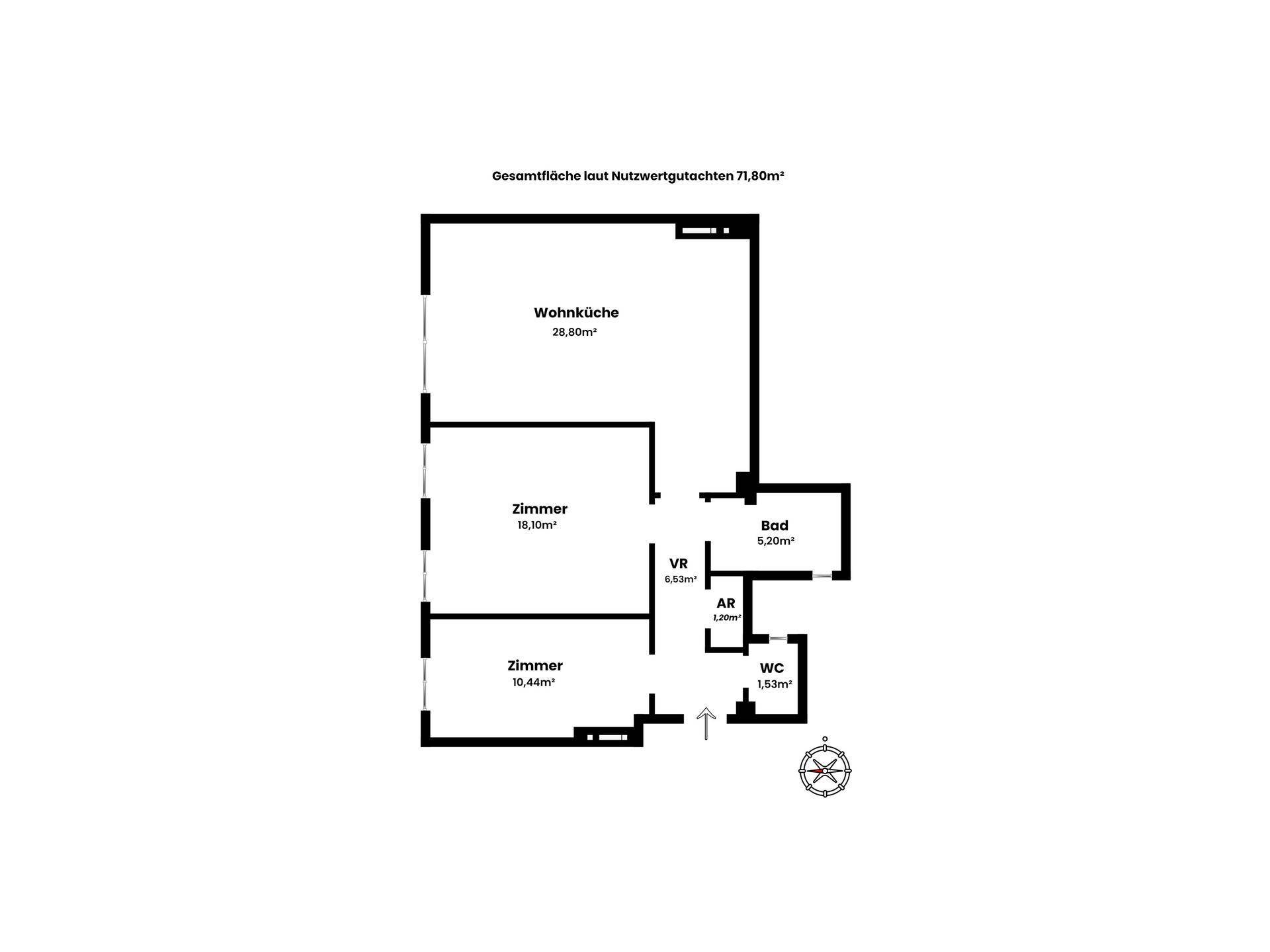 Grundriss der Wohnung mit Wohnküche, zwei Zimmern, Bad und separatem WC.