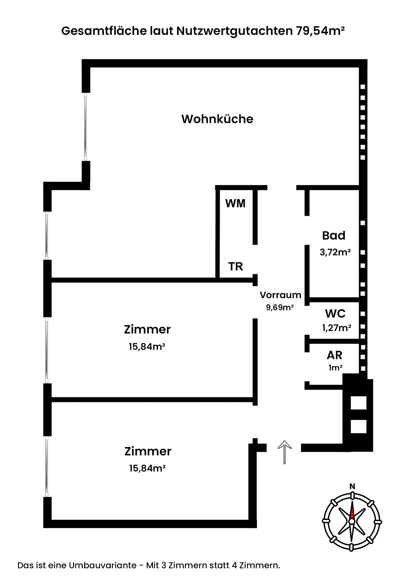 Alternativer Grundriss der Wohnung mit drei Zimmern und Waschmaschinenanschluss.