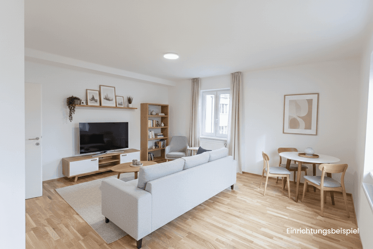 Gemütlicher Wohn- und Essbereich mit Holzparkett, modernem Sofa und Esstisch.