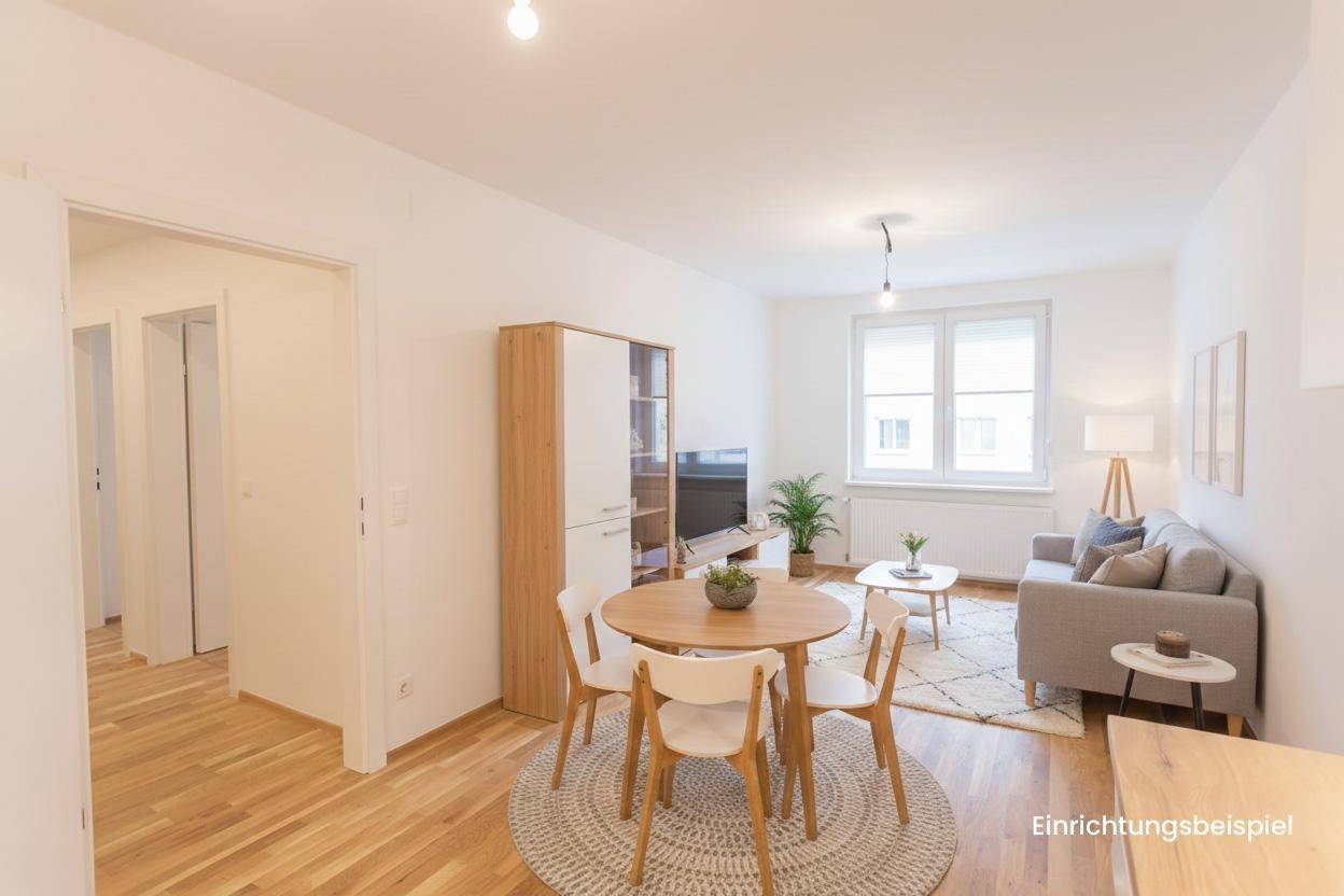 Gemütlicher Wohn- und Essbereich mit Holzboden, Esstisch und Sofa als Einrichtungsbeispiel.
