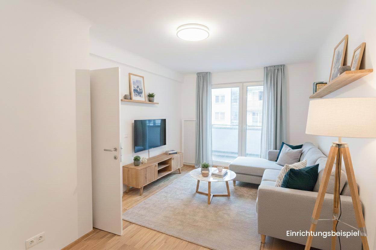 Modern eingerichtetes Wohnzimmer mit Sofa, Fernseher und Zugang zum Balkon, ein Einrichtungsbeispiel.