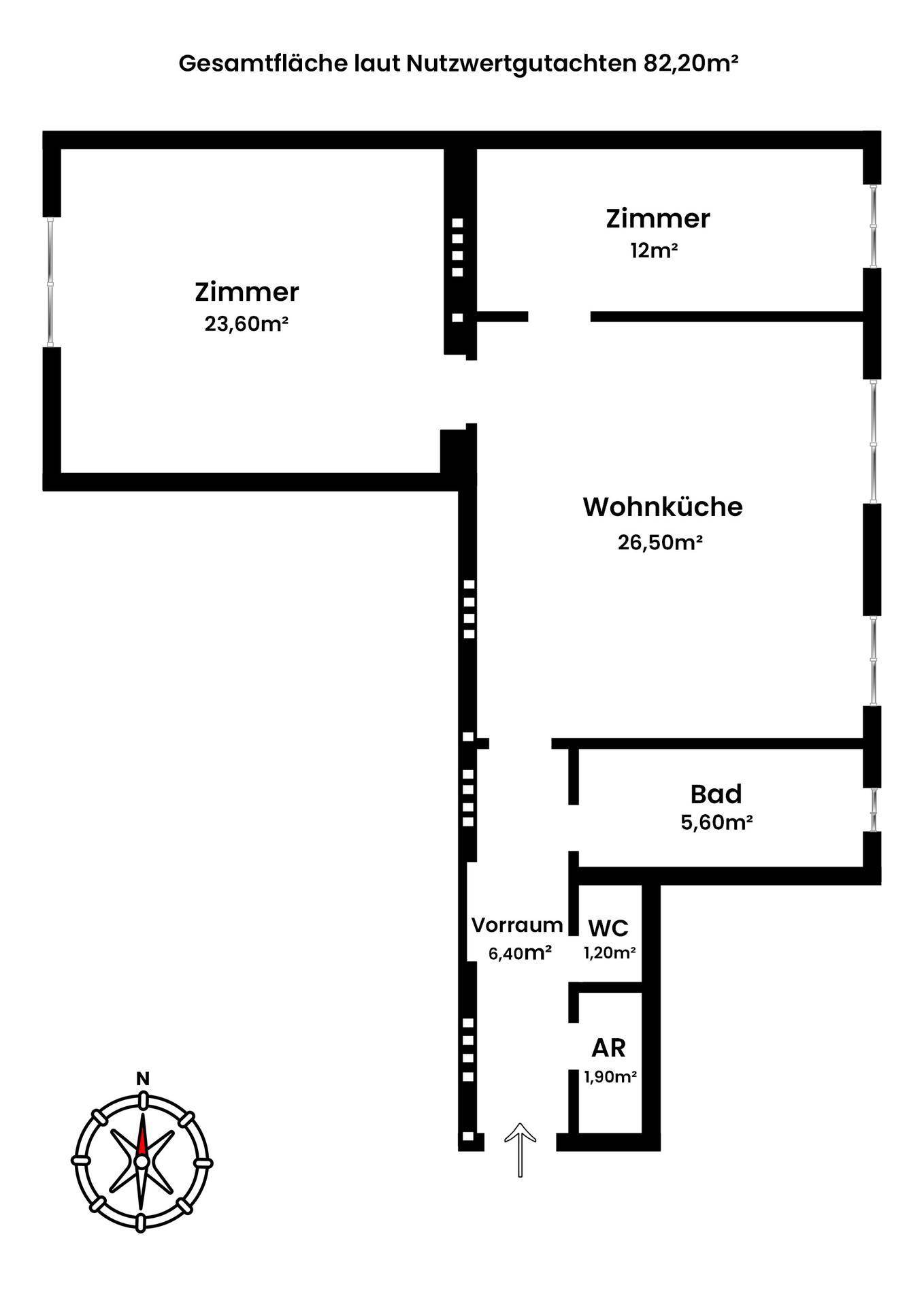Grundriss der Wohnung mit Zimmeraufteilung und Flächenangaben.