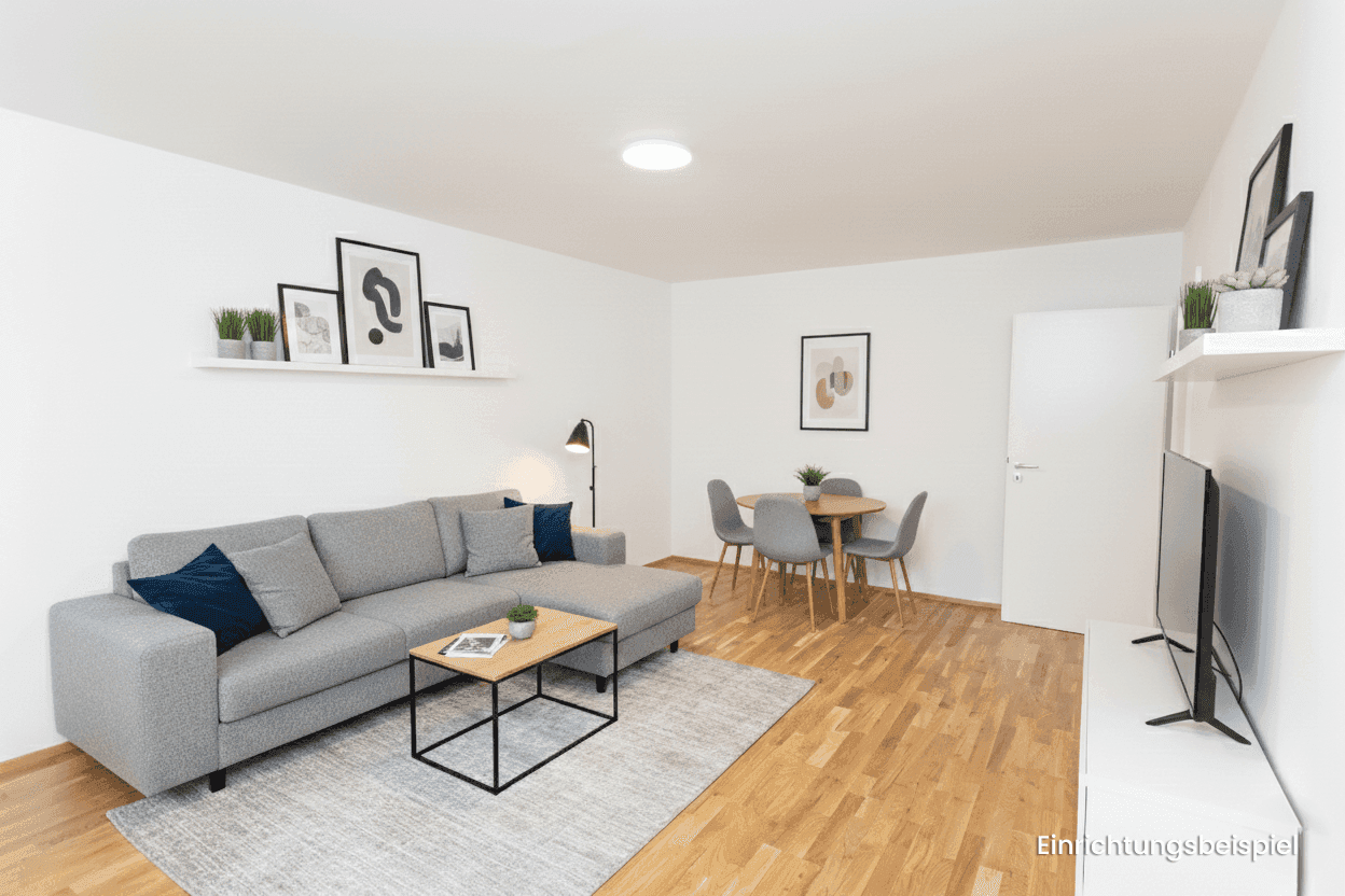 Offener Wohn- und Essbereich mit modernem Sofa, Esstisch und Holzboden, einladend eingerichtet.