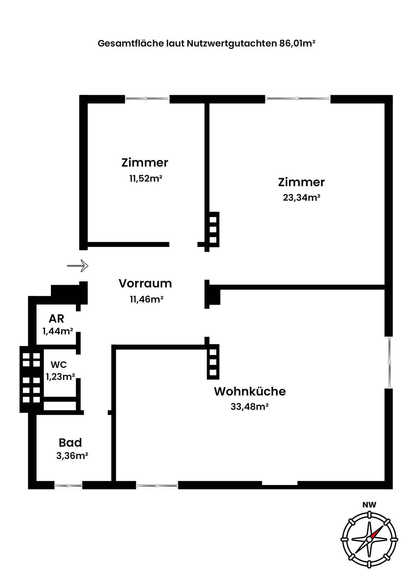 Grundriss der Wohnung mit Zimmeraufteilung, Wohnküche, Bad und WC.