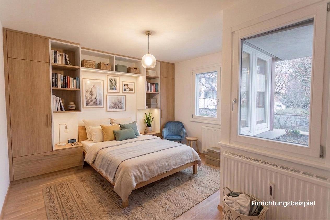 Modernes Schlafzimmer als Einrichtungsbeispiel mit Holzeinbauschränken und Parkettboden.