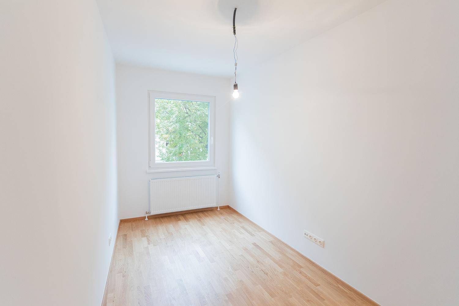 Leeres Zimmer mit hellem Holzboden, weiß gestrichenen Wänden und Fenster mit Ausblick.