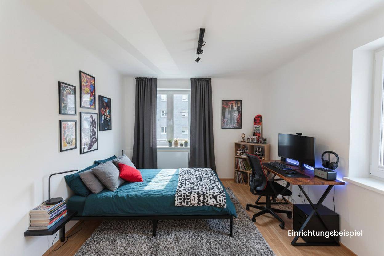 Visualisierung eines modernen Schlafzimmers mit Bett, Schreibtisch und Parkettboden.