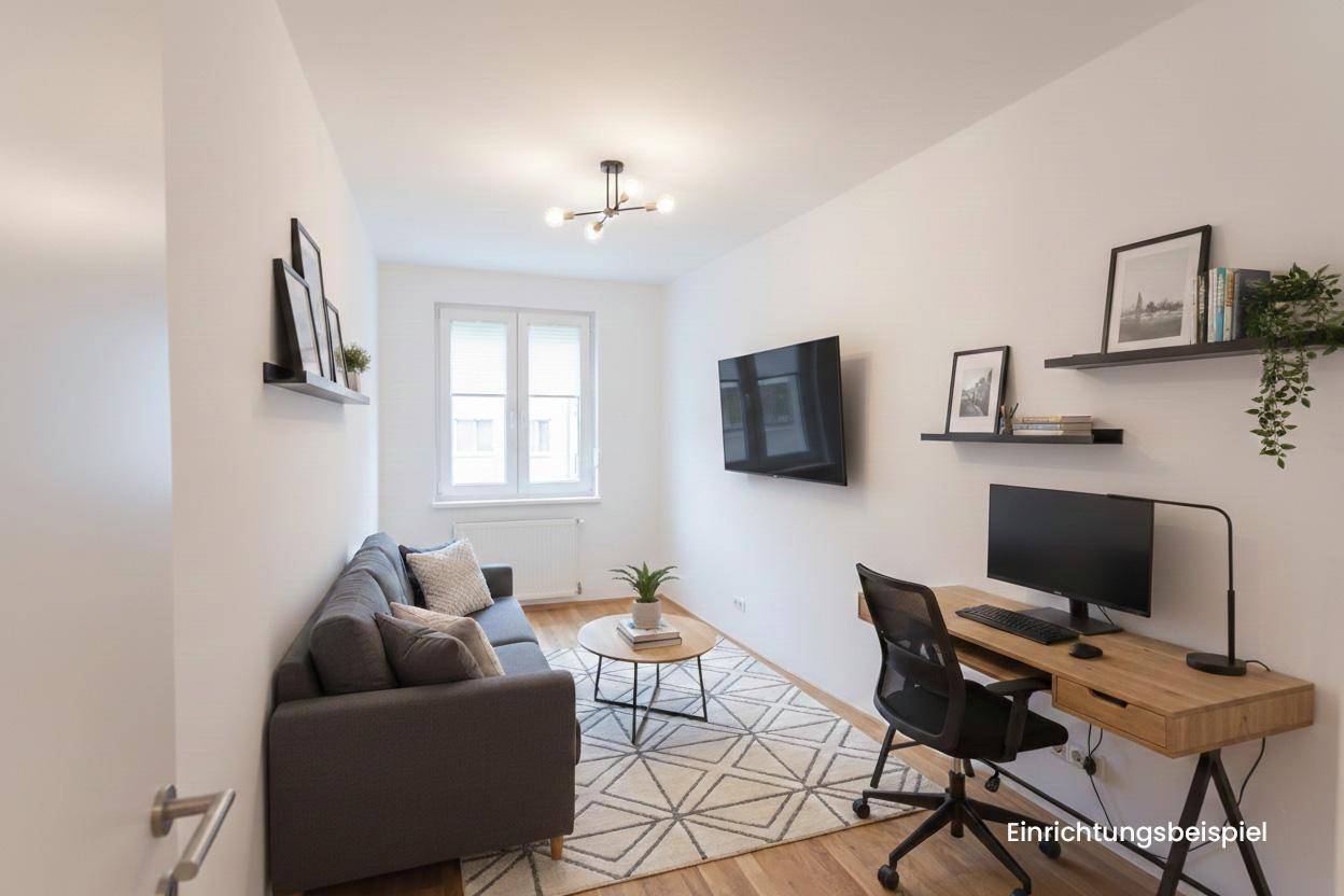 Modern eingerichtetes Wohnzimmer mit Sofa, Schreibtisch und Fernseher als Einrichtungsbeispiel.