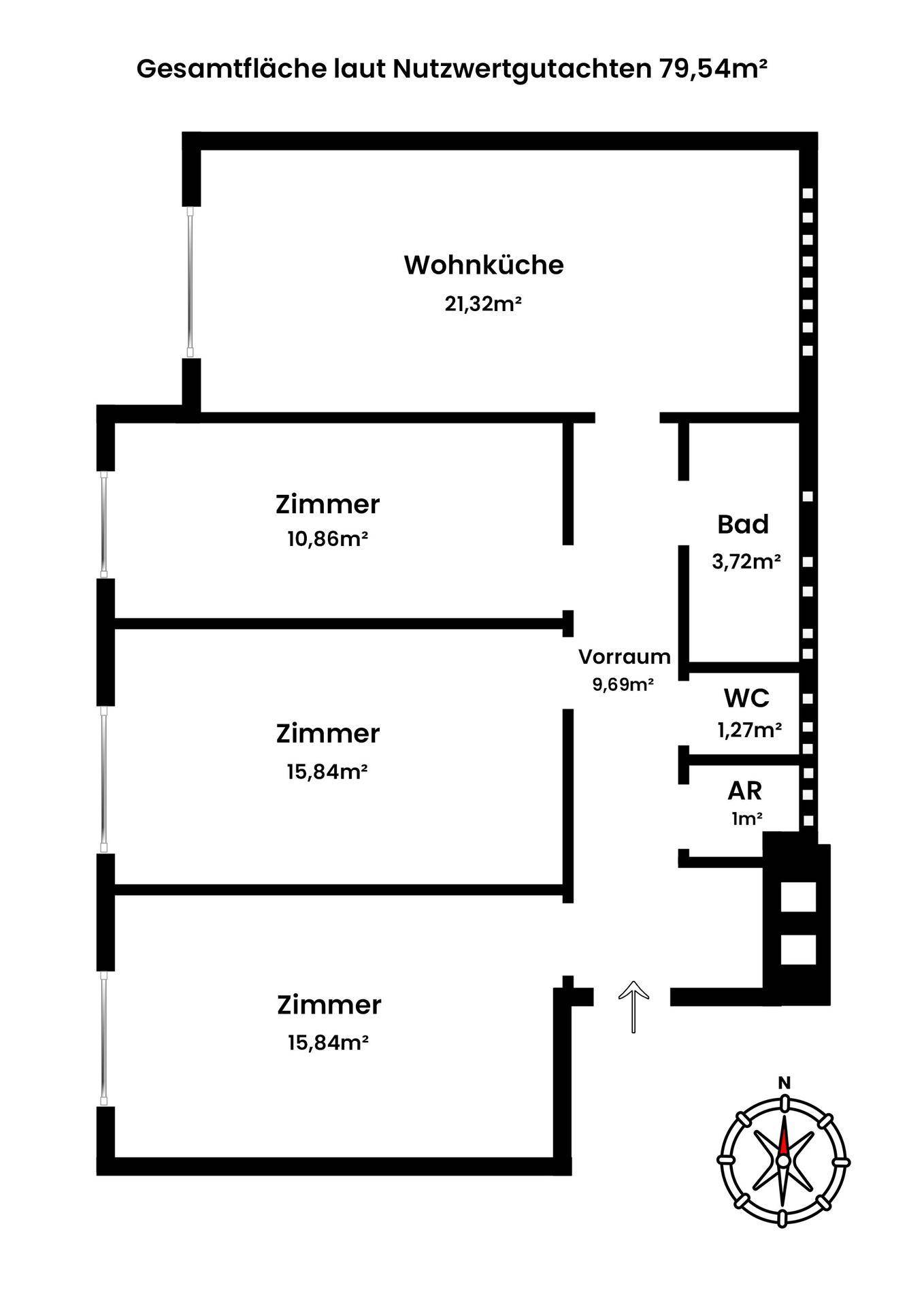 Grundriss der Wohnung mit vier Zimmern, Wohnküche, Bad und separatem WC.